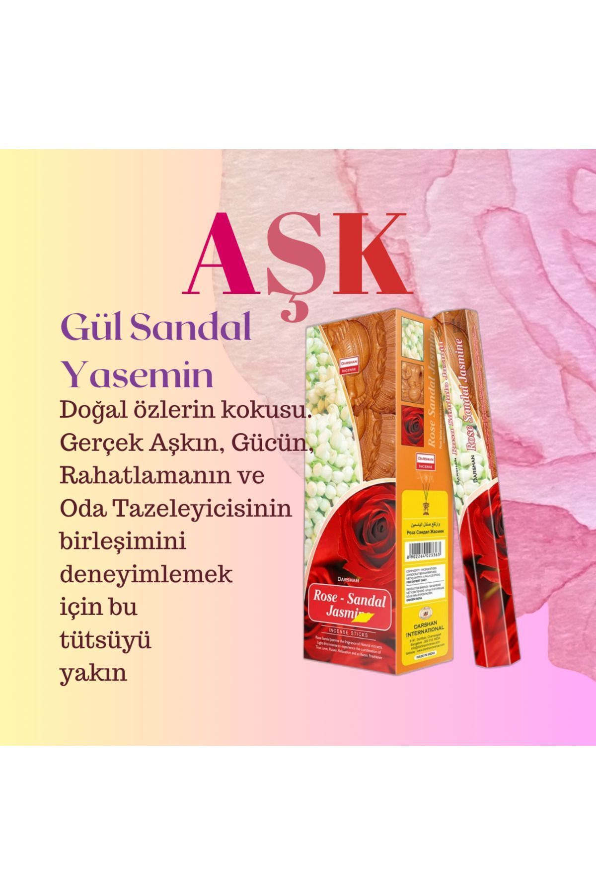 teknotrust Darshan International Rose Sandal Jasmine Hexa 20'li Çubuk Tütsü (1 Saate Kadar Yanma Süresi)
