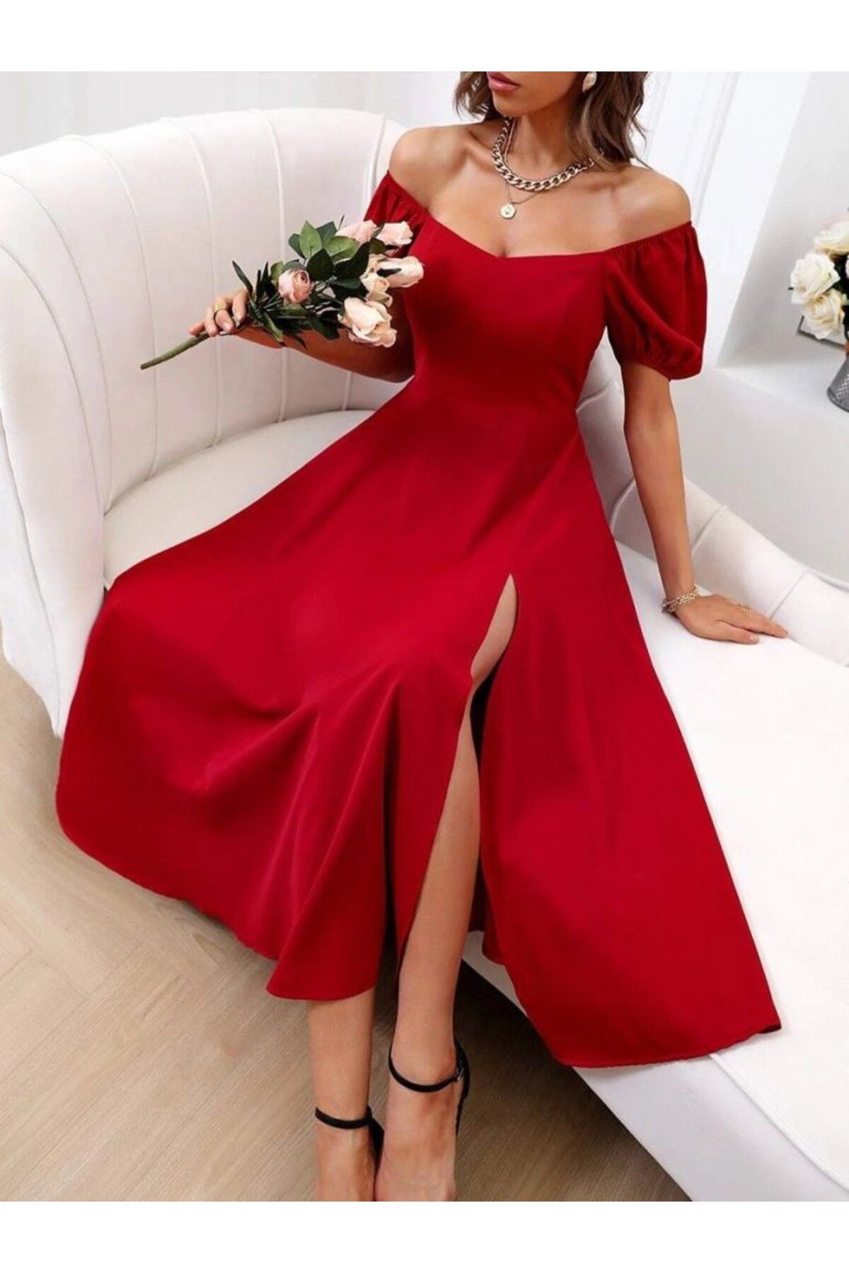 velmorafashion Kadın Kısa Kollu Kare Yakalı Yırtmaçlı Midi Janjan Krep Elbise