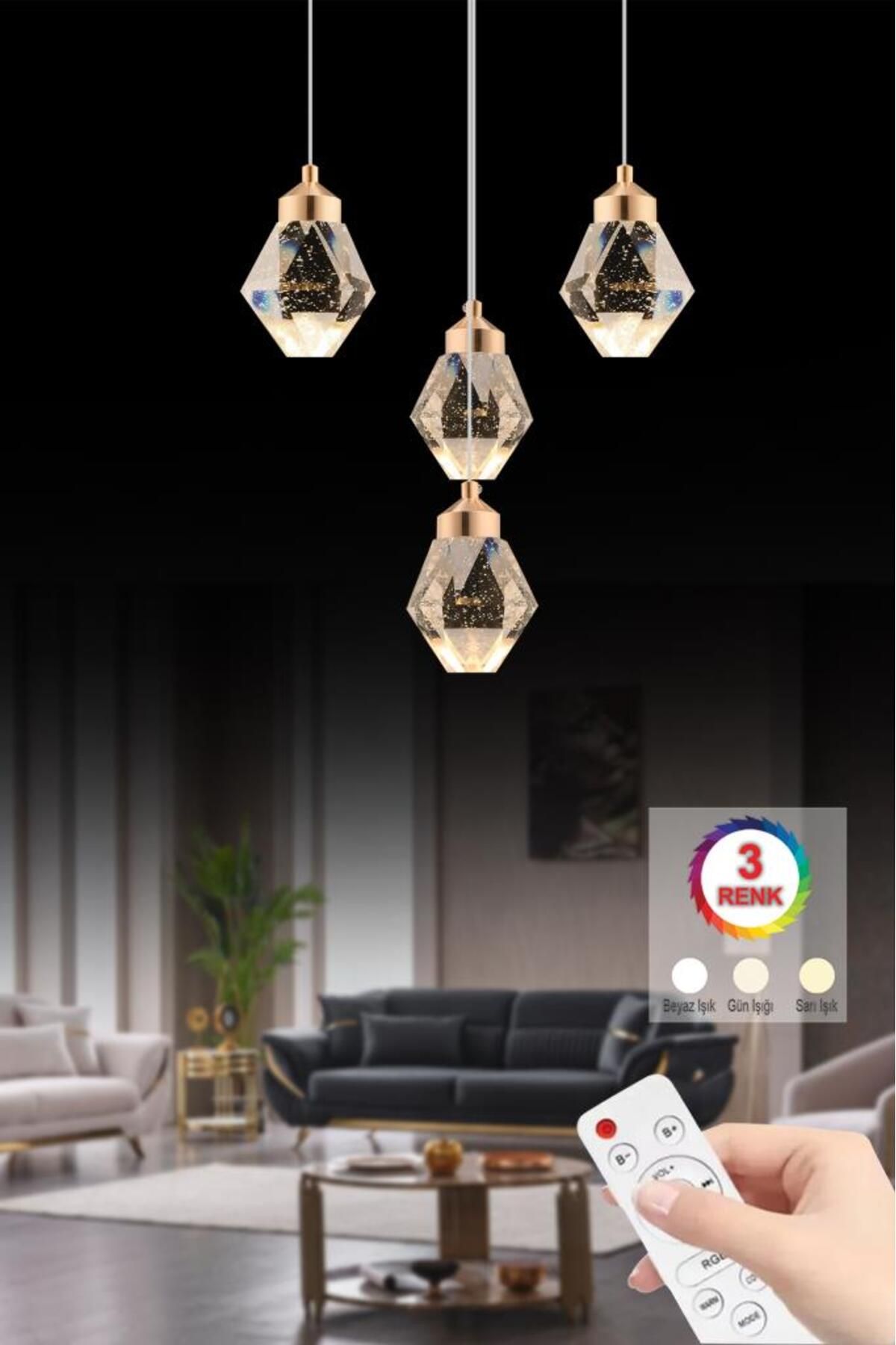 İstanbul Avize İstanbul Avize Kabarcıklı Liya 4'lü Gold Kumandalı Ledli Modern 3 Renk Led Avize