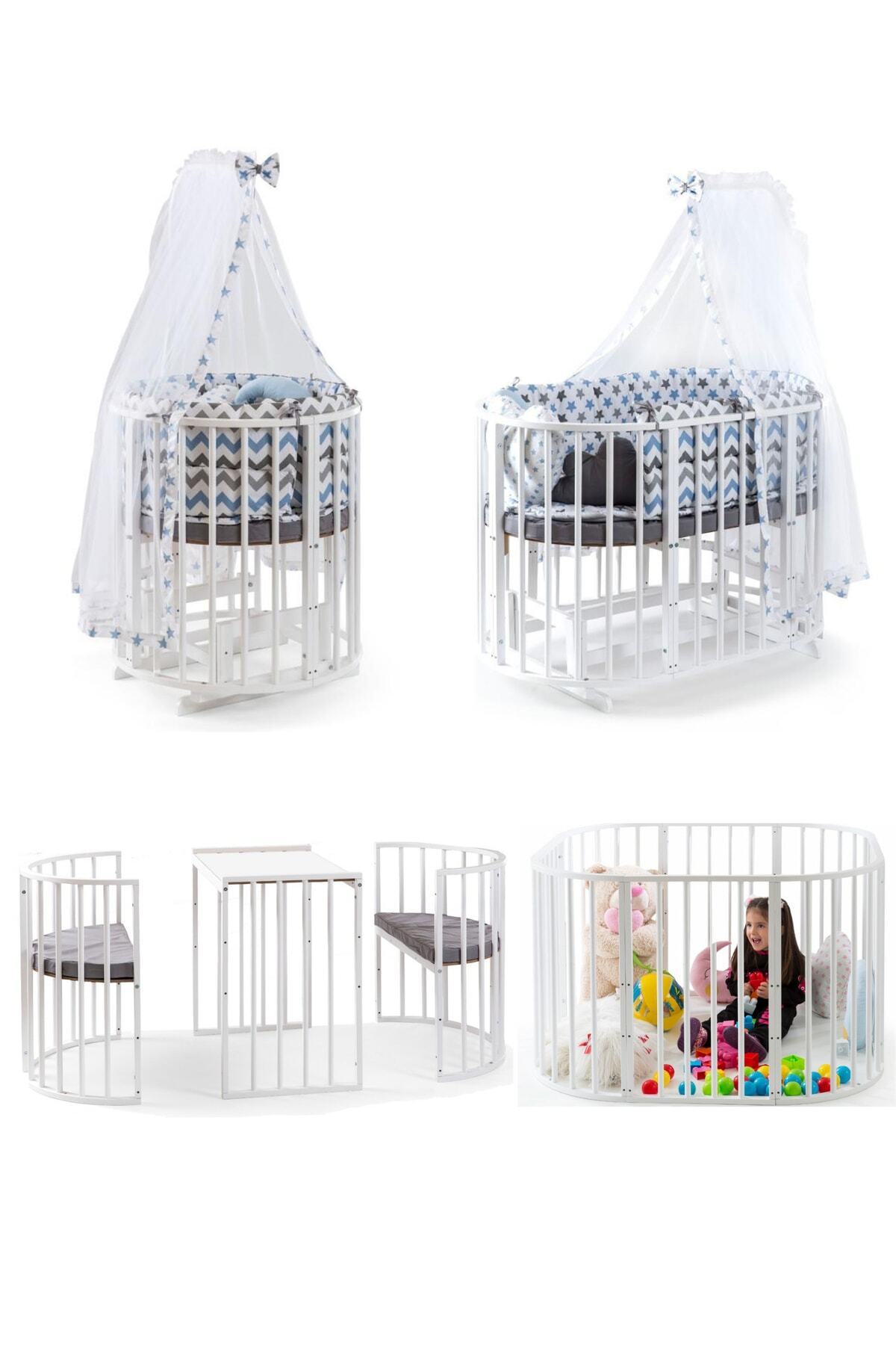 Bamgidoo Ahşap Beşik (BEBEĞİNİZ İLE BÜYÜYEN BEŞİK) Beyaz Mavi Yıldız Uyku Seti Yatak Tekerlekli