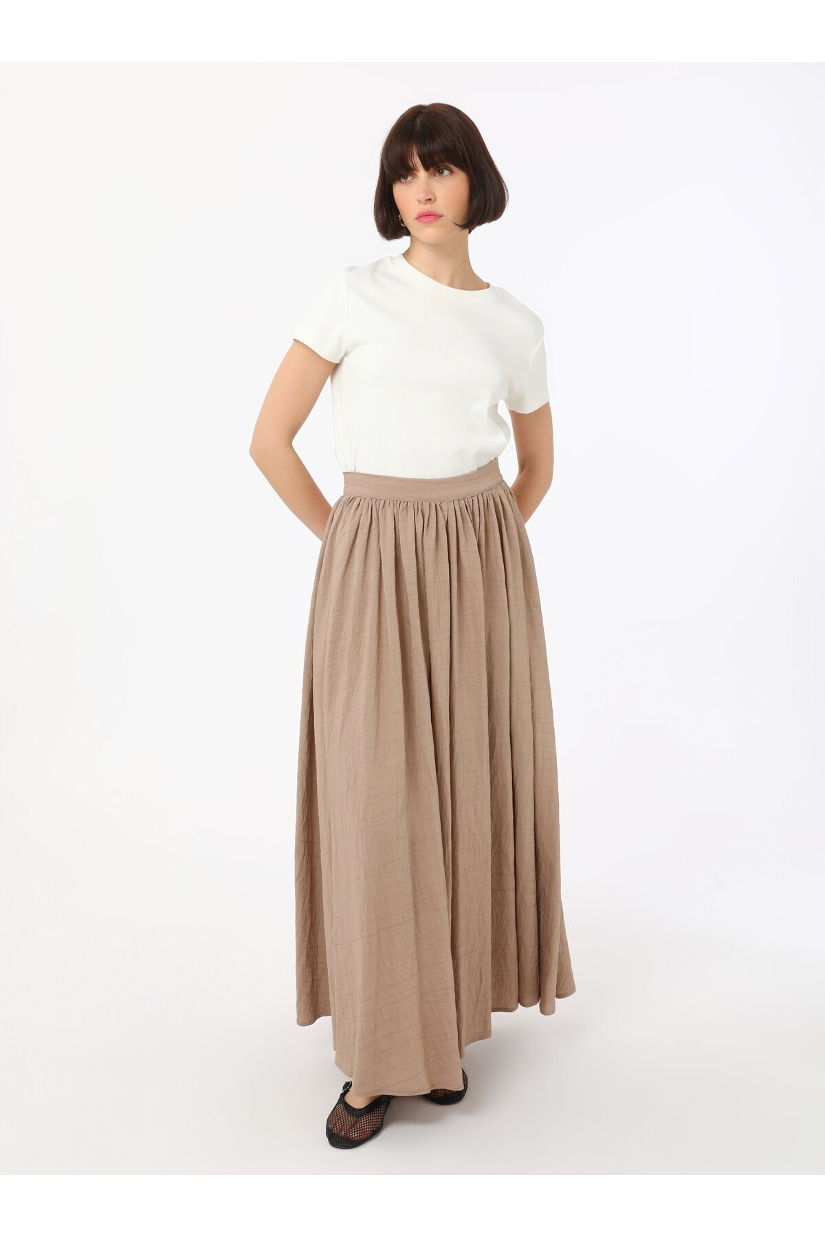 Benin-Gathered Flared Skirt - Beige - Benin 2