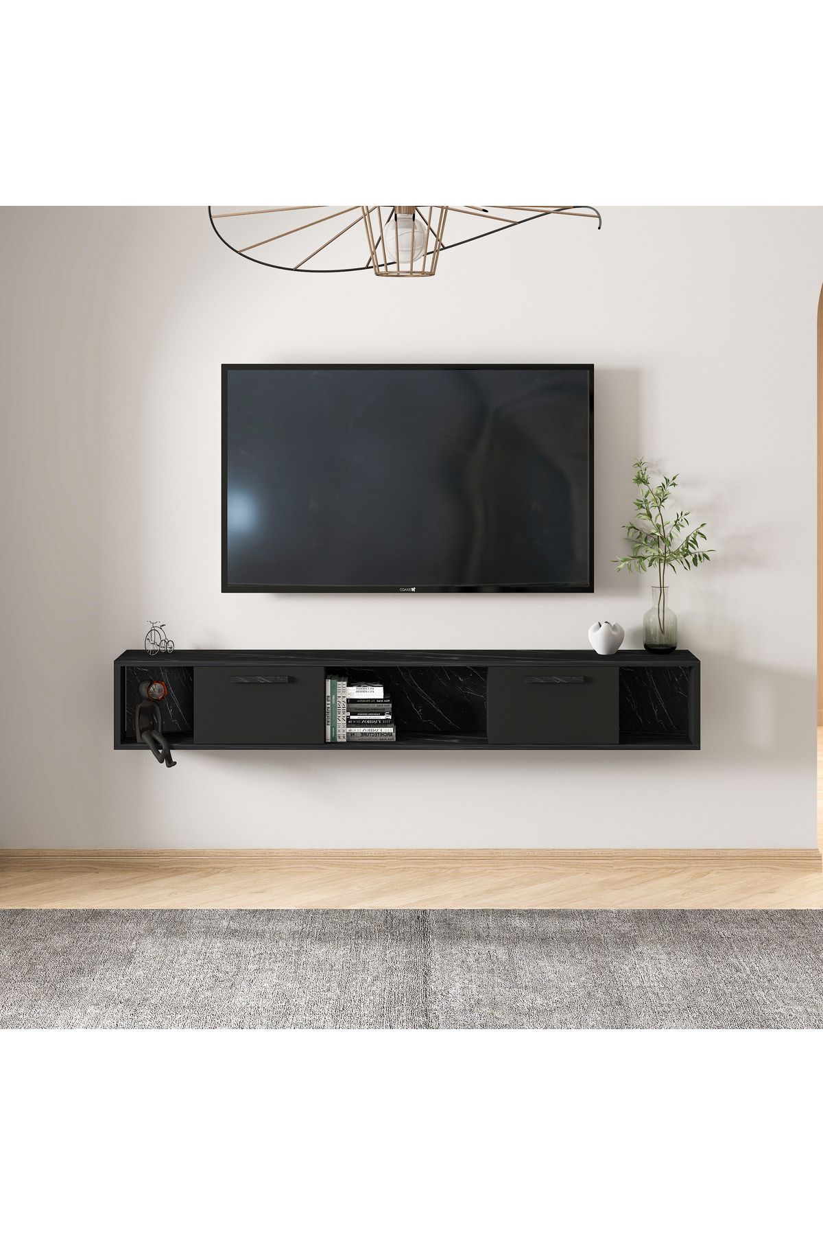 İNARCH DİZAYN T006 Viero Mermer Desenli Duvara Monte TV Ünitesi – 160 cm, Kapaklı Raflı Siyah/Siyah Mermer