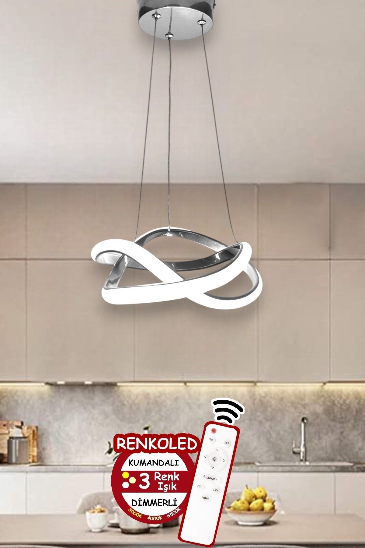 Renkoled Aydınlatma Kumandalı 3 Renk Işıklı Modern Sarkıt Led Avize Krom Kasa Antre, Hol, Oda