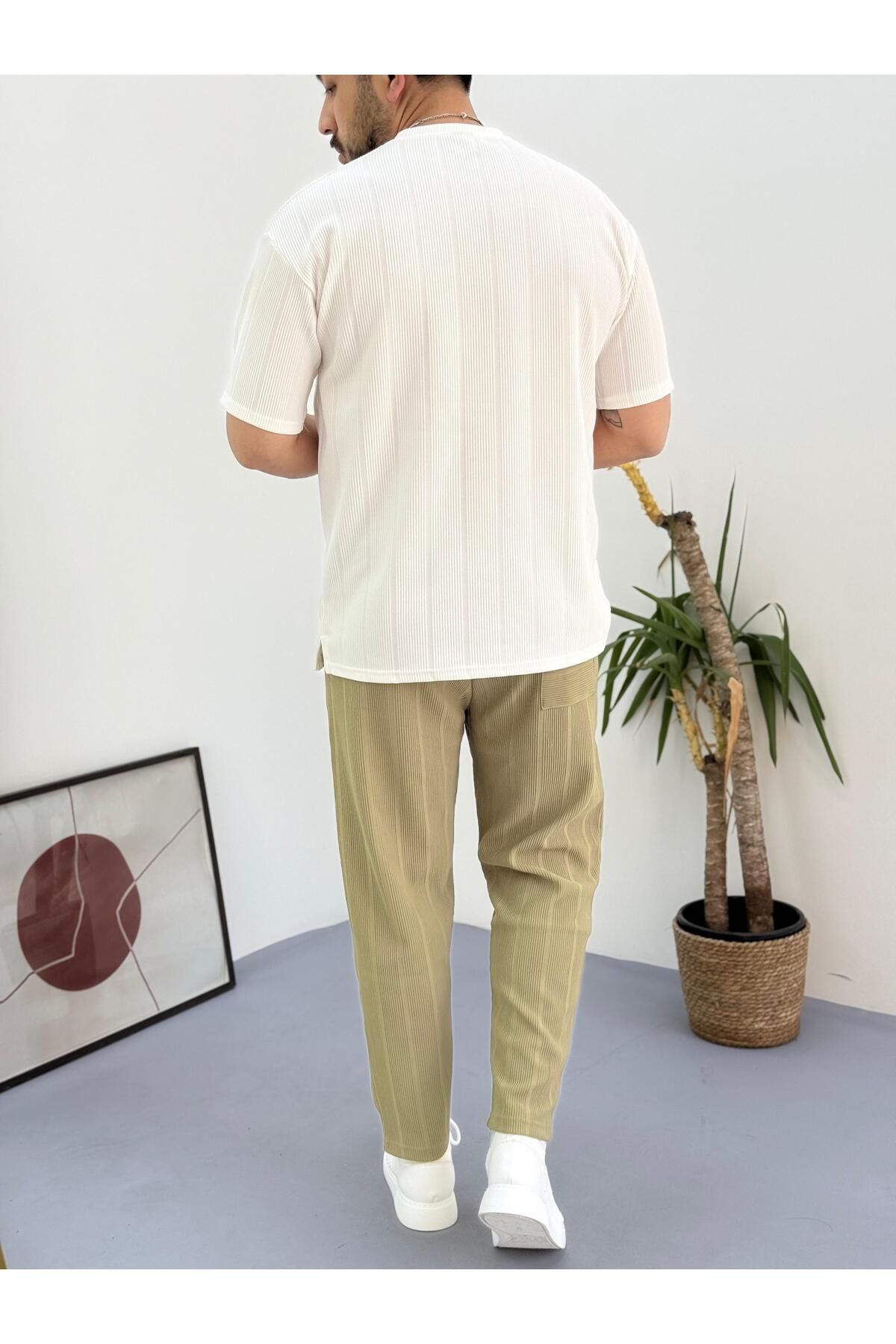Combineman35-White Khaki Reported Ottoman Fabric Single Pocket T-Shirt-Pants Set of 2 with Back Single Pocket 2