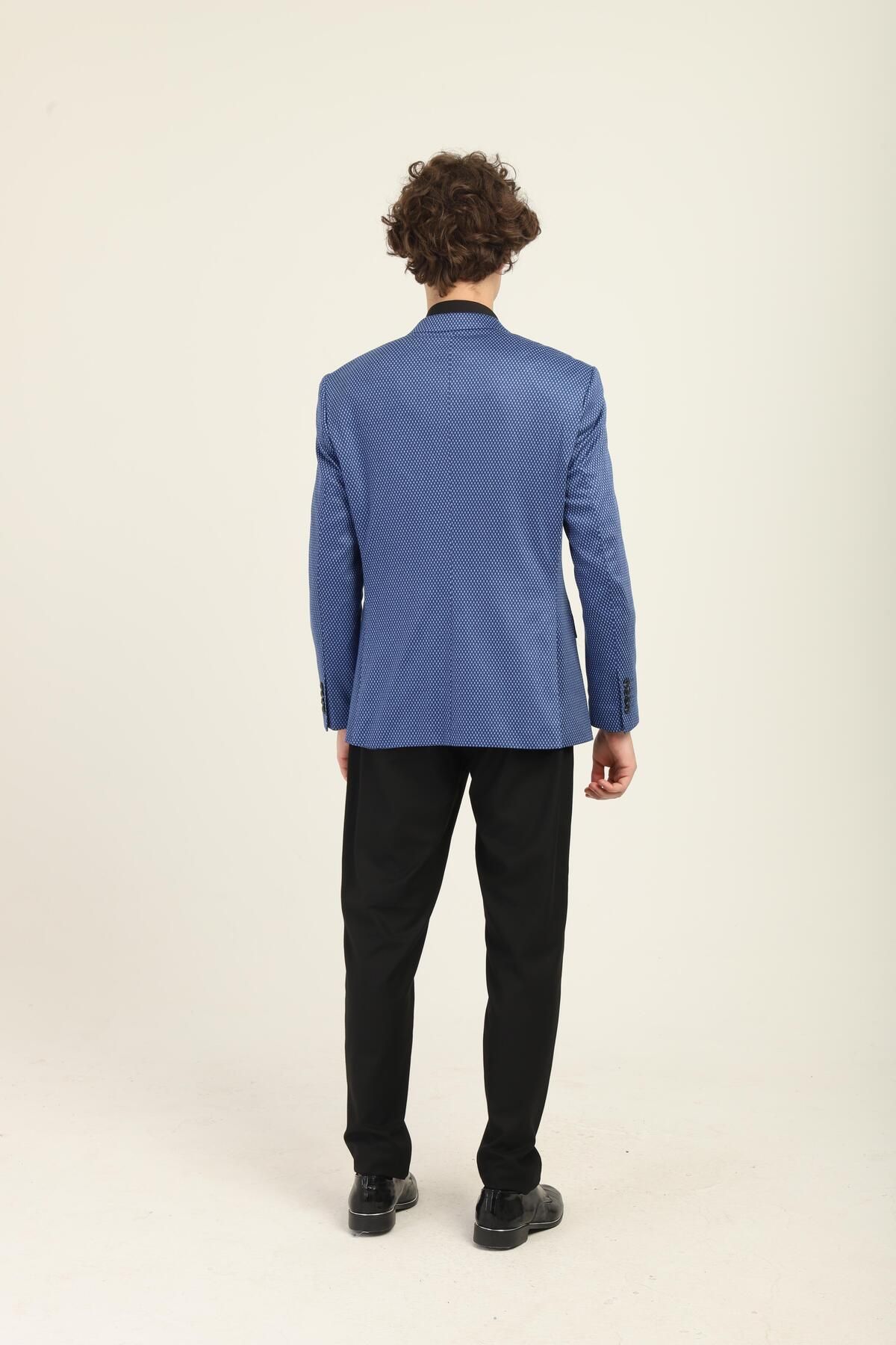 AGUSTİNİ-Blue Color Self Pattern Mono Collar Two Buttons Double Slits Single Jacket Medium Fit Tooling |   Agustini 4