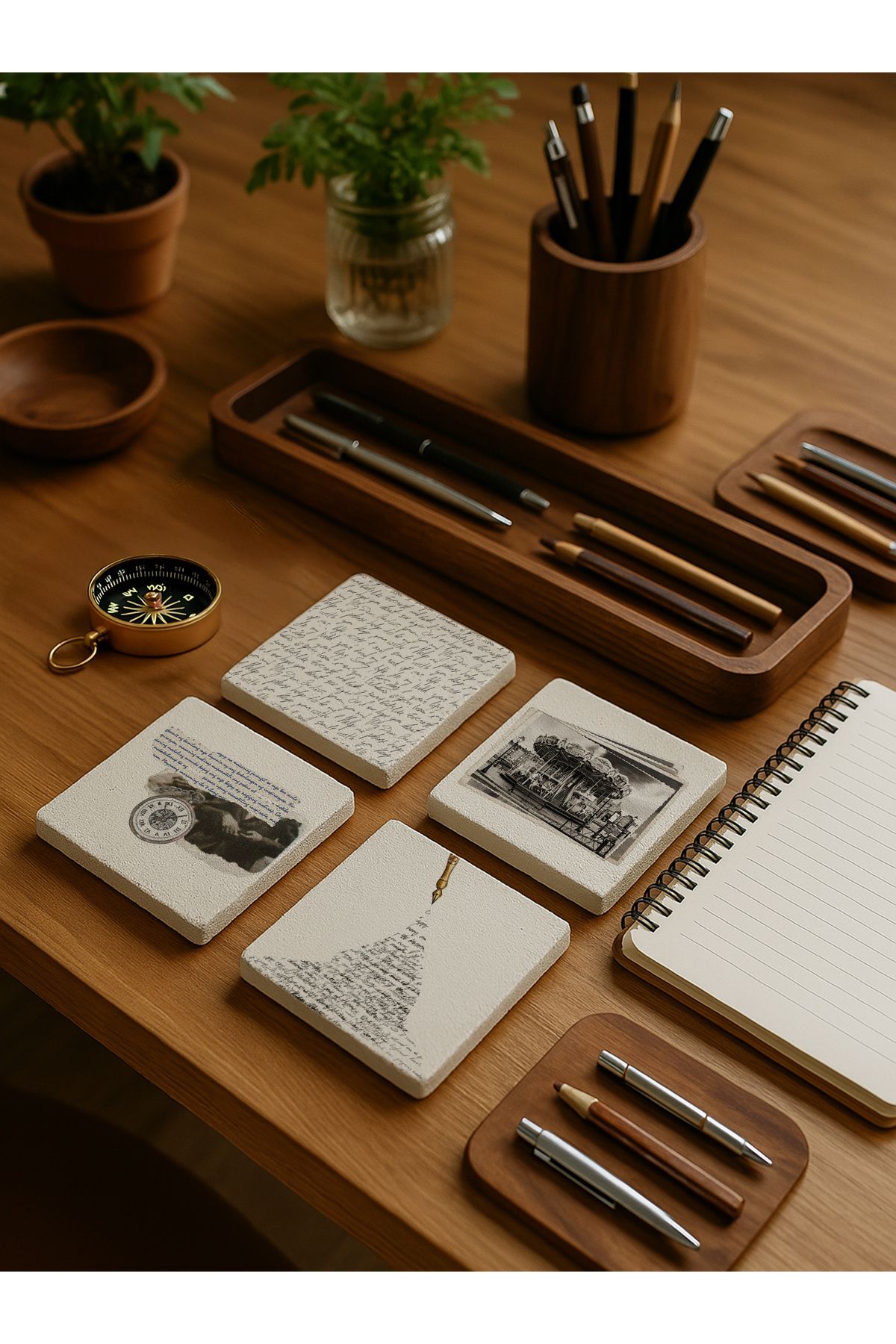 arslart Vintage Yazı ve Retro Desenli Doğal Taş Bardak Altlığı 4’lü Set, Retro Sunum Ürünü
