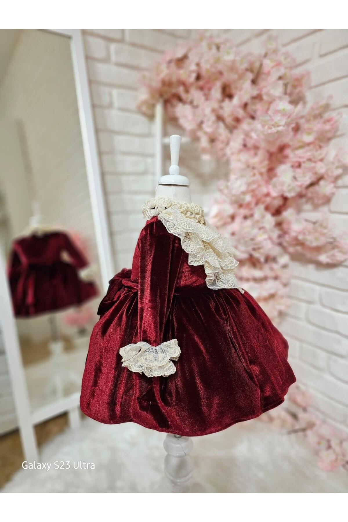 Hly Karol Tasarım Bordo Kadife Kız Bebek Elbisesi,Doğum günü elbise,fotoğraf çekim elbisesi,0-12 Yaşa Uygun fotoğrafı 3 (önizleme)