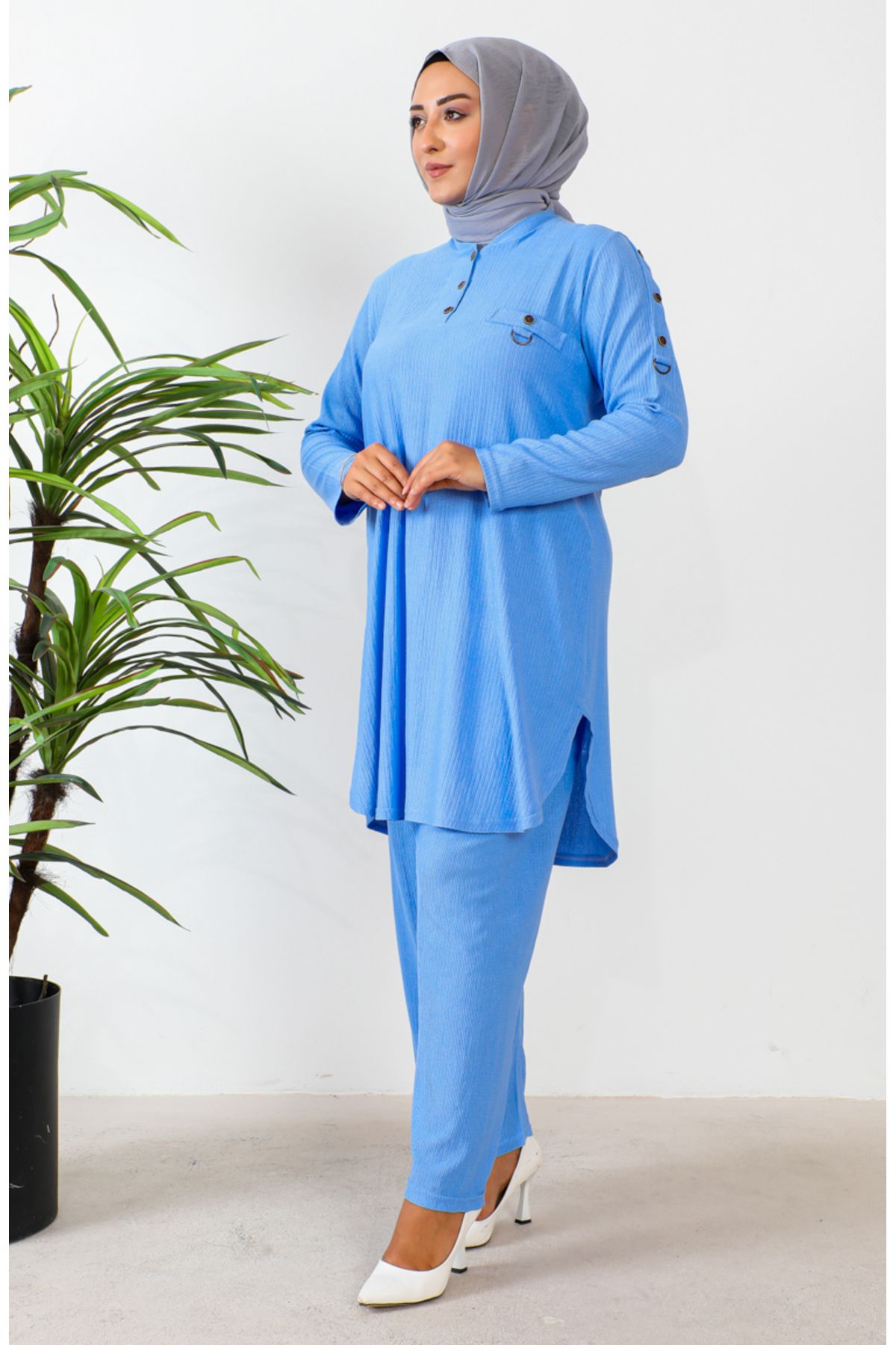 sefamerve-Set de două piese pentru tunică și pantaloni de mărime mare albastru - 2691-08 2