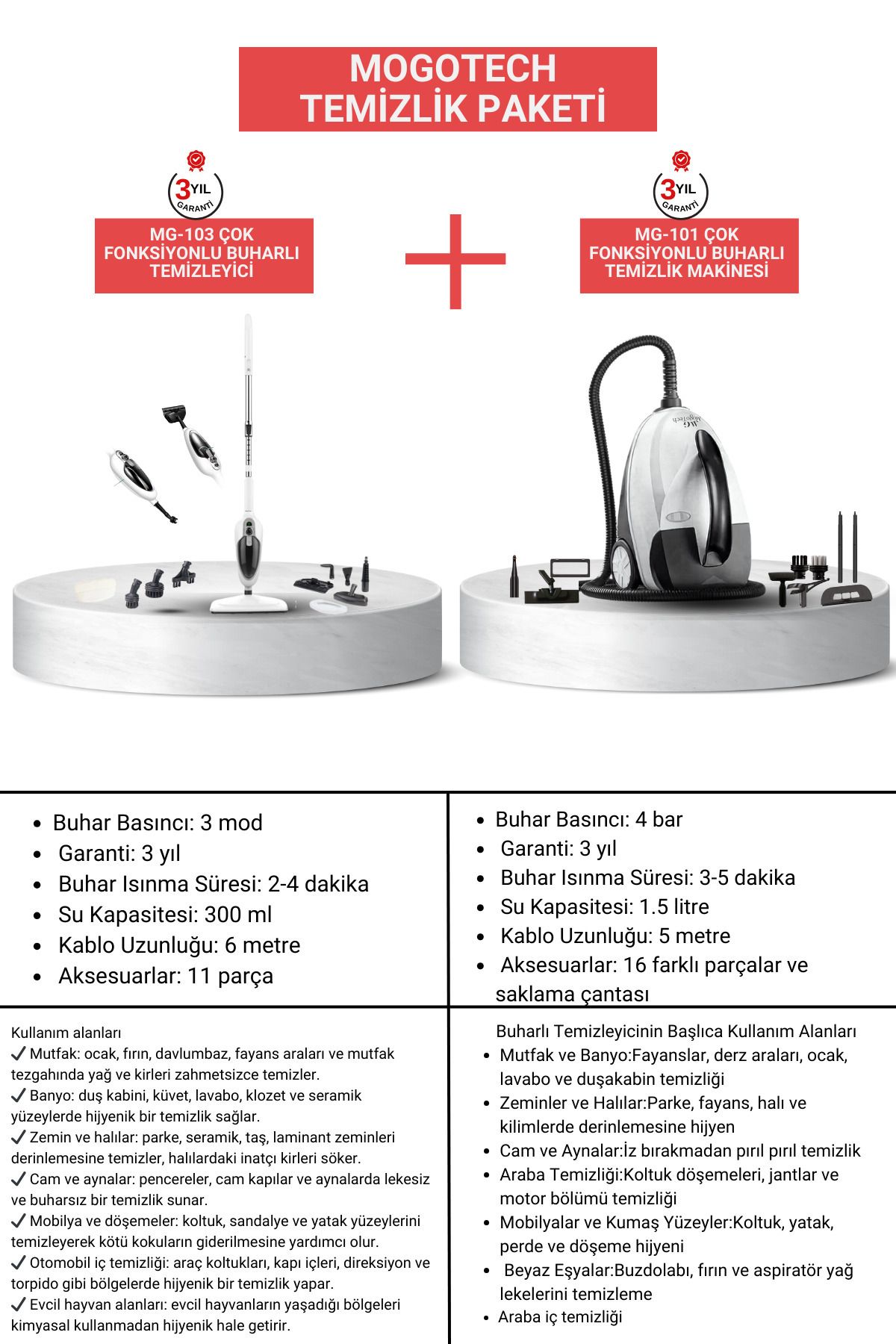 Mogotech Mg-103 Çok Fonksiyonlu Buharlı Mop / Mg-101 Çok Fonksiyonlu Buharlı Temizleyici Temizlik Seti