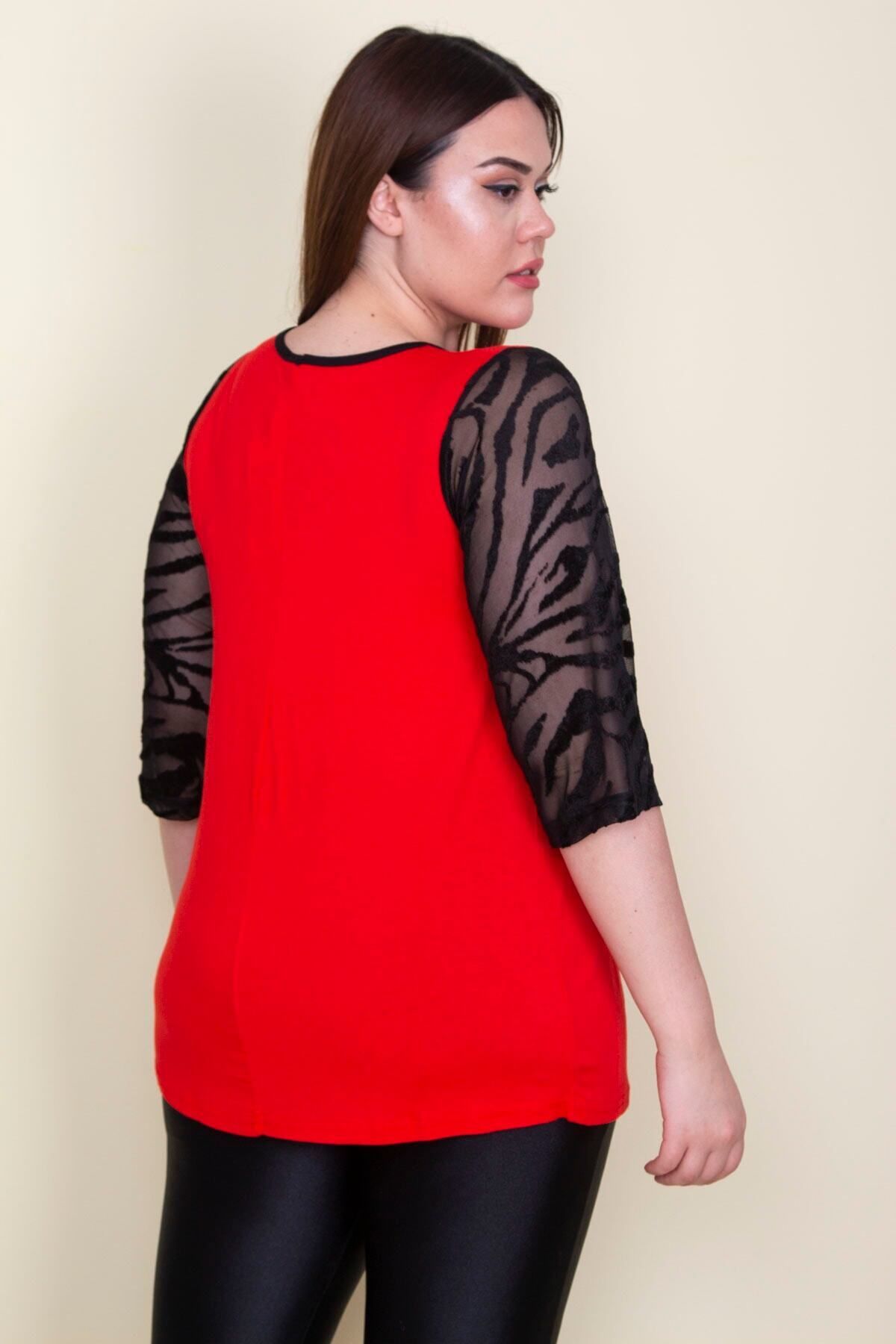 Şans-Women's Large Size Red Sleeves Flocked Tulle Detailed Viscose Blouse 65n25580 4