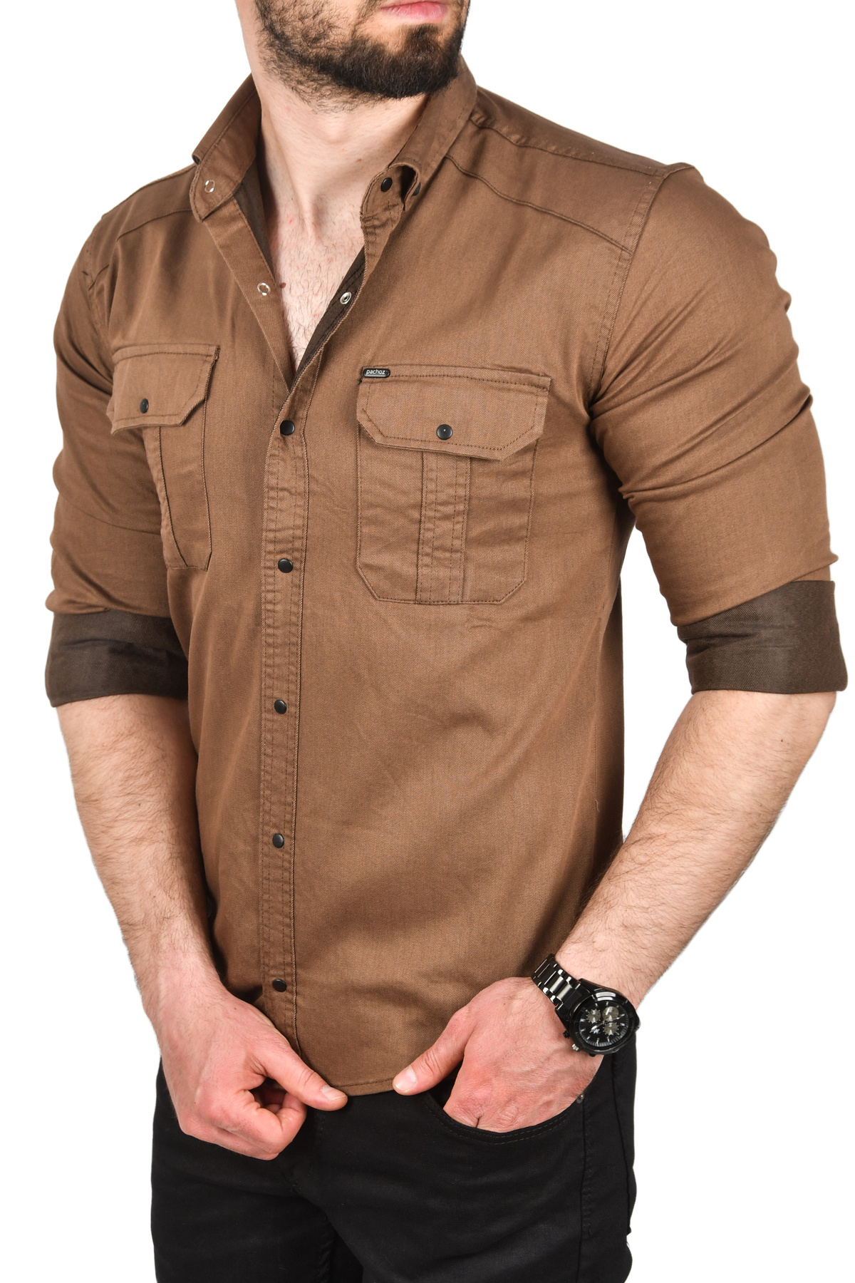 DeepSEA-Men's Brown Slim Fit Easy-Iron Cotton Sports Shirt Lycra Denim Shirt 2502505 5