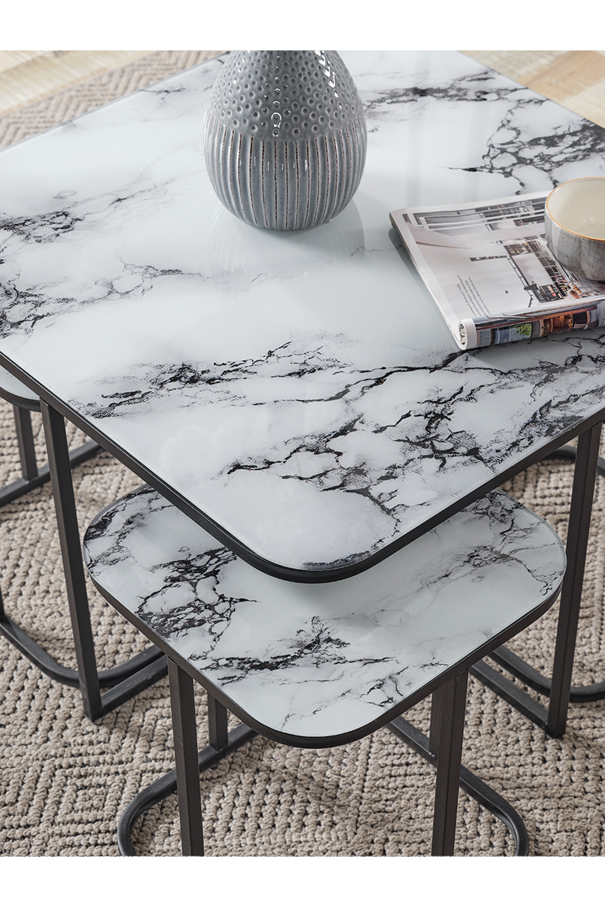 5 Li Iç Içe 4 1 Beyaz Mermer Temperli Cam Siyah Metal Ayak Takım Sehpa Orta Sehpa