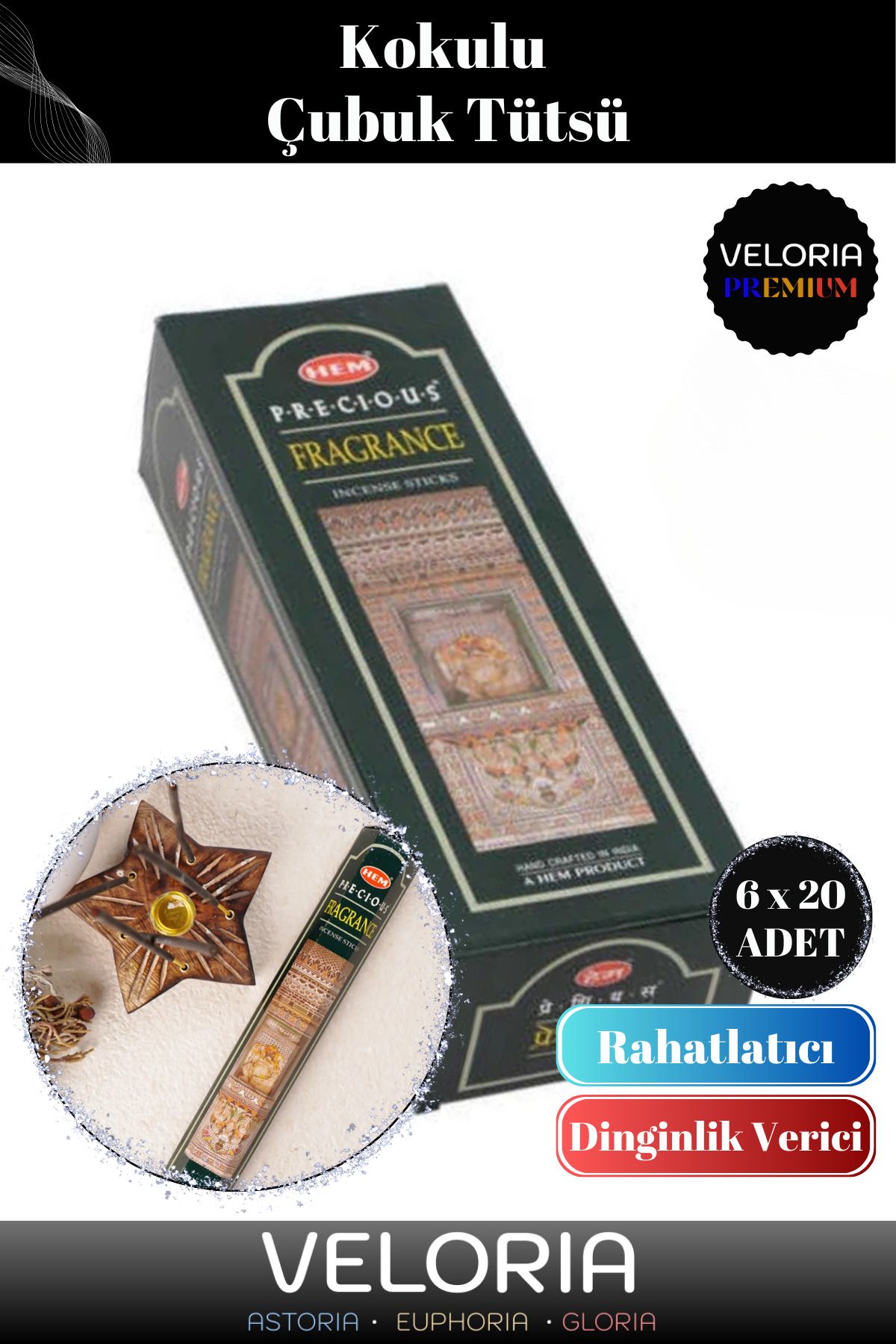 Veloria Premium Seri Huzur Enerji Dinginlik Veren Meditasyon Çakra Rahatlatan Kokulu Çubuk Tütsü 6 x 20 Adet