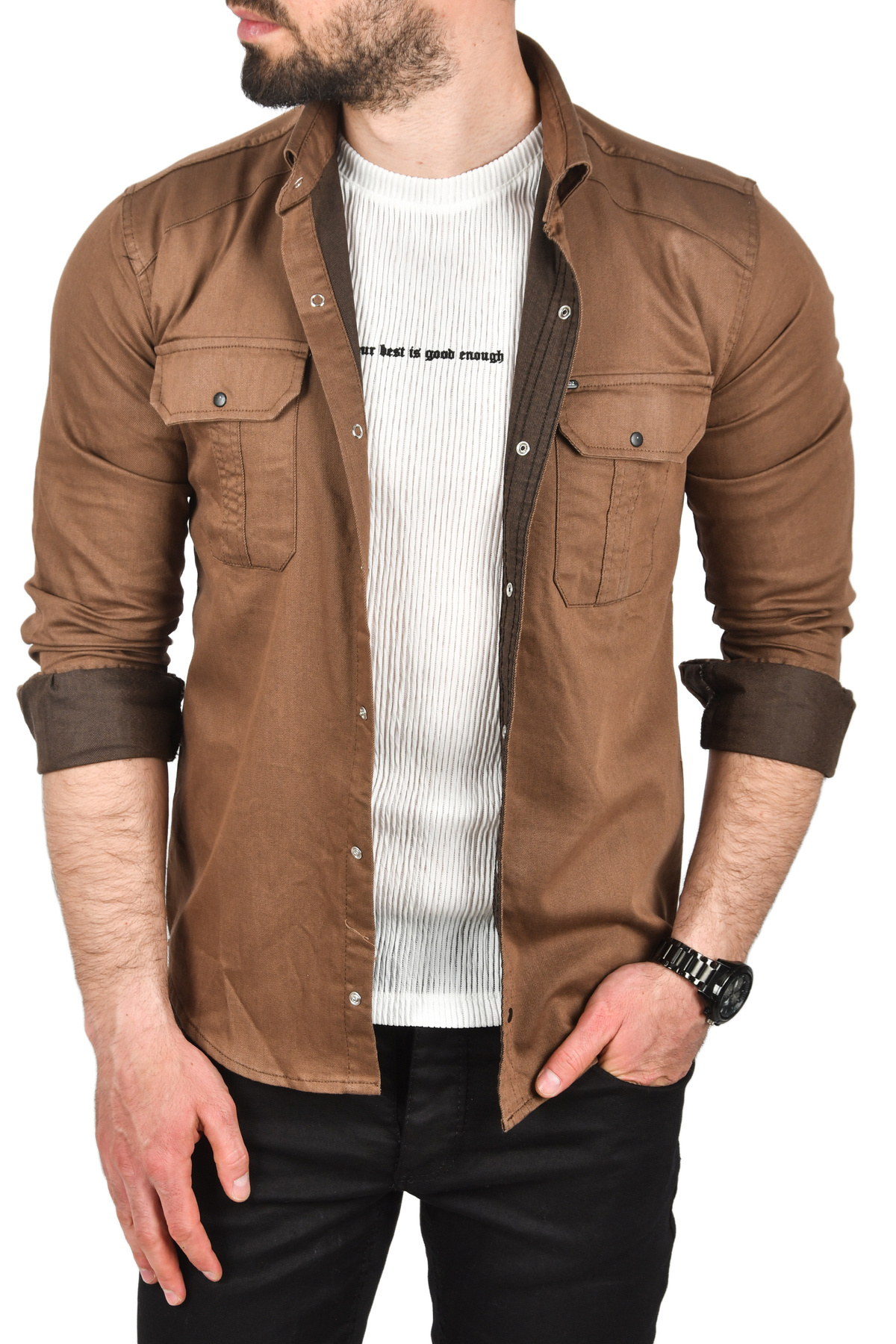 DeepSEA-Men's Brown Slim Fit Easy-Iron Cotton Sports Shirt Lycra Denim Shirt 2502505 2