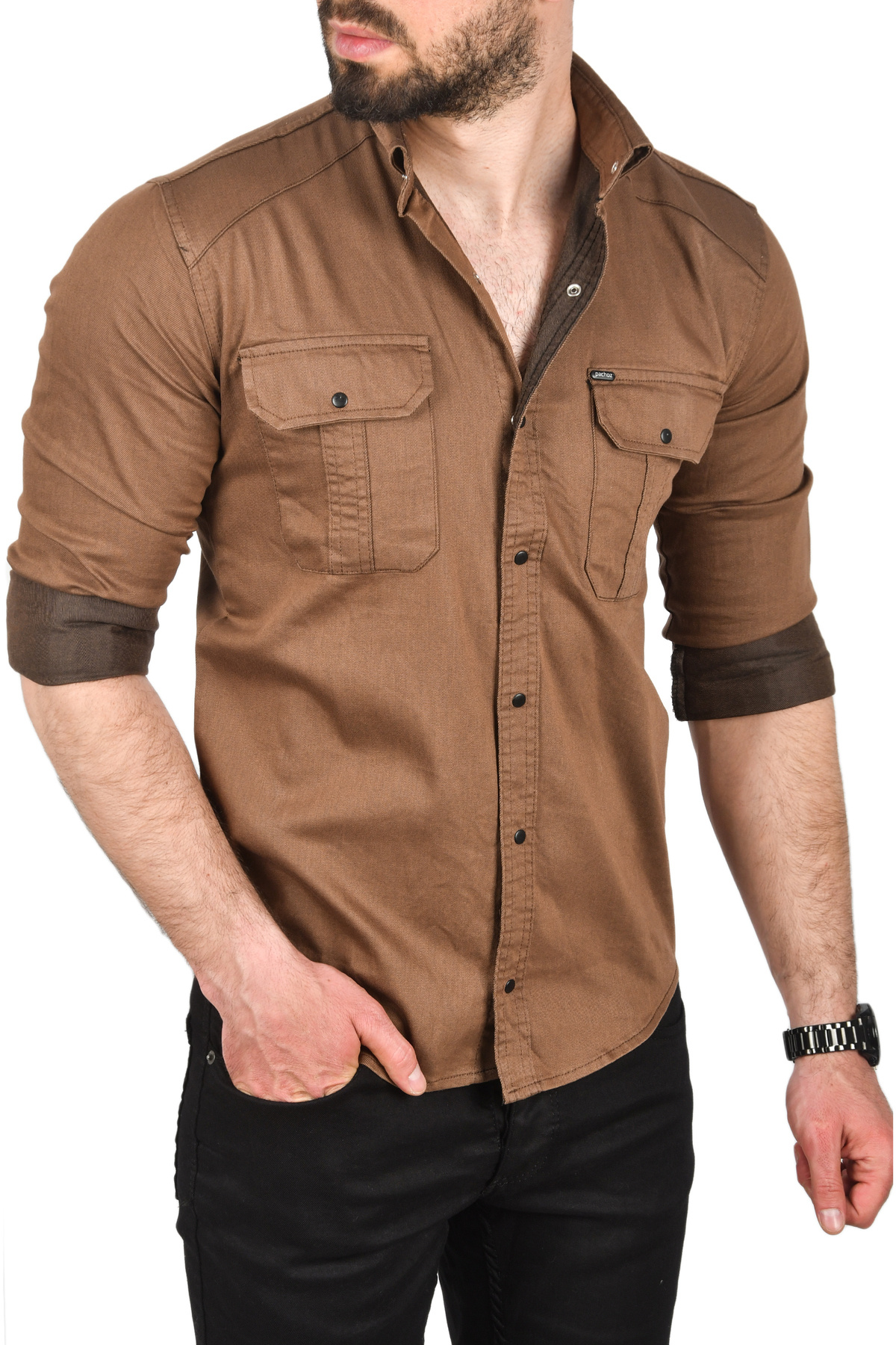 DeepSEA-Men's Brown Slim Fit Easy-Iron Cotton Sports Shirt Lycra Denim Shirt 2502505 4