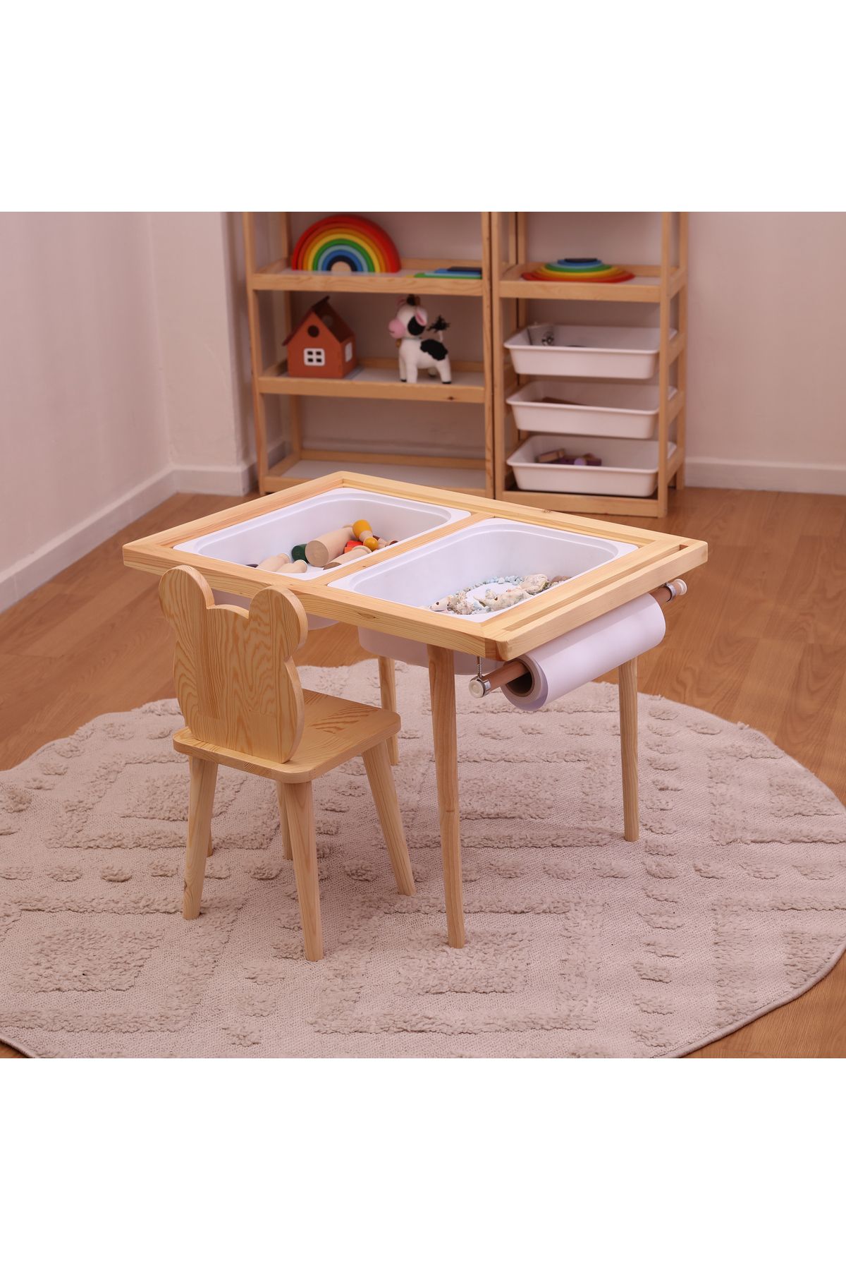 Monti Mania Montessori Çam Çocuk Aktivite Masası 2 Sepet Beyaz/kara Tahtalı Rulo Kişiselleştirilebilir 2-6 Yaş