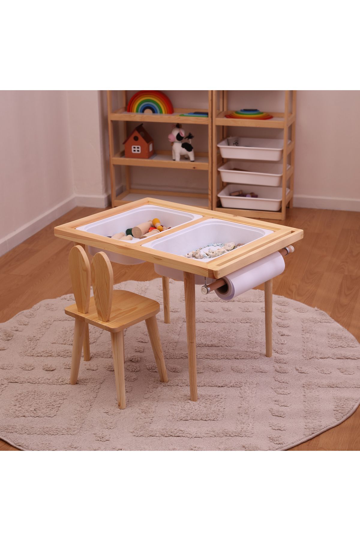Monti Mania Montessori Çam Çocuk Aktivite Masası 2 Sepet Beyaz/kara Tahtalı Rulo Kişiselleştirilebilir 2-6 Yaş