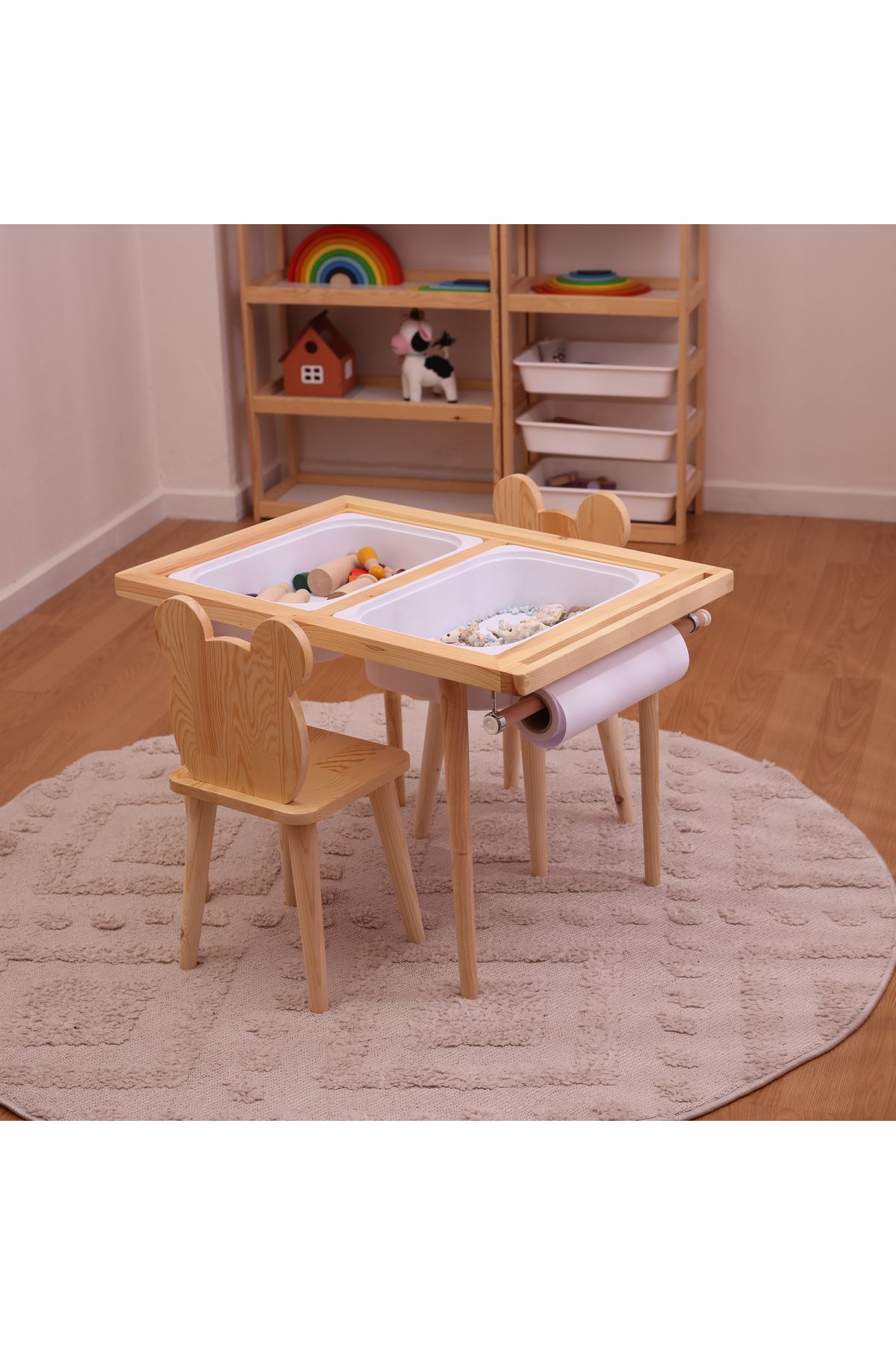 Monti Mania Montessori Çam Çocuk Aktivite Masası 2 Sepet Beyaz/kara Tahtalı Rulo Kişiselleştirilebilir 2-6 Yaş