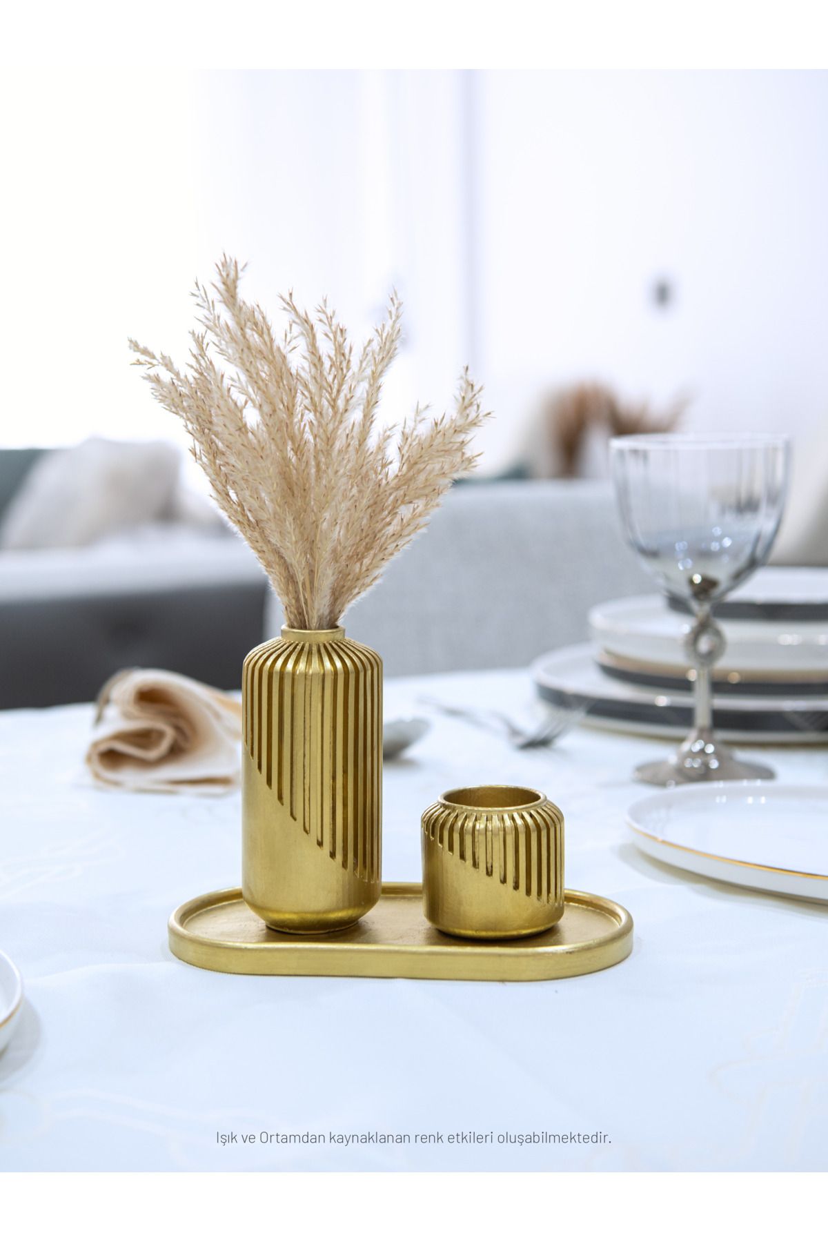 CreOr Golden Collection - Dekoratif 2'li Set - Tüylük & Mumluk - Altın Yaldızlı