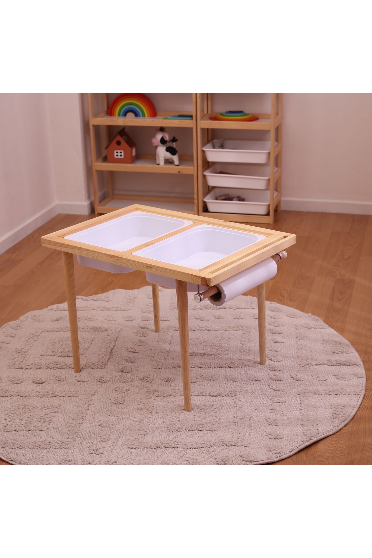Monti Mania Montessori Çam Çocuk Aktivite Masası 2 Sepet Beyaz/kara Tahtalı Rulo Kişiselleştirilebilir 2-6 Yaş