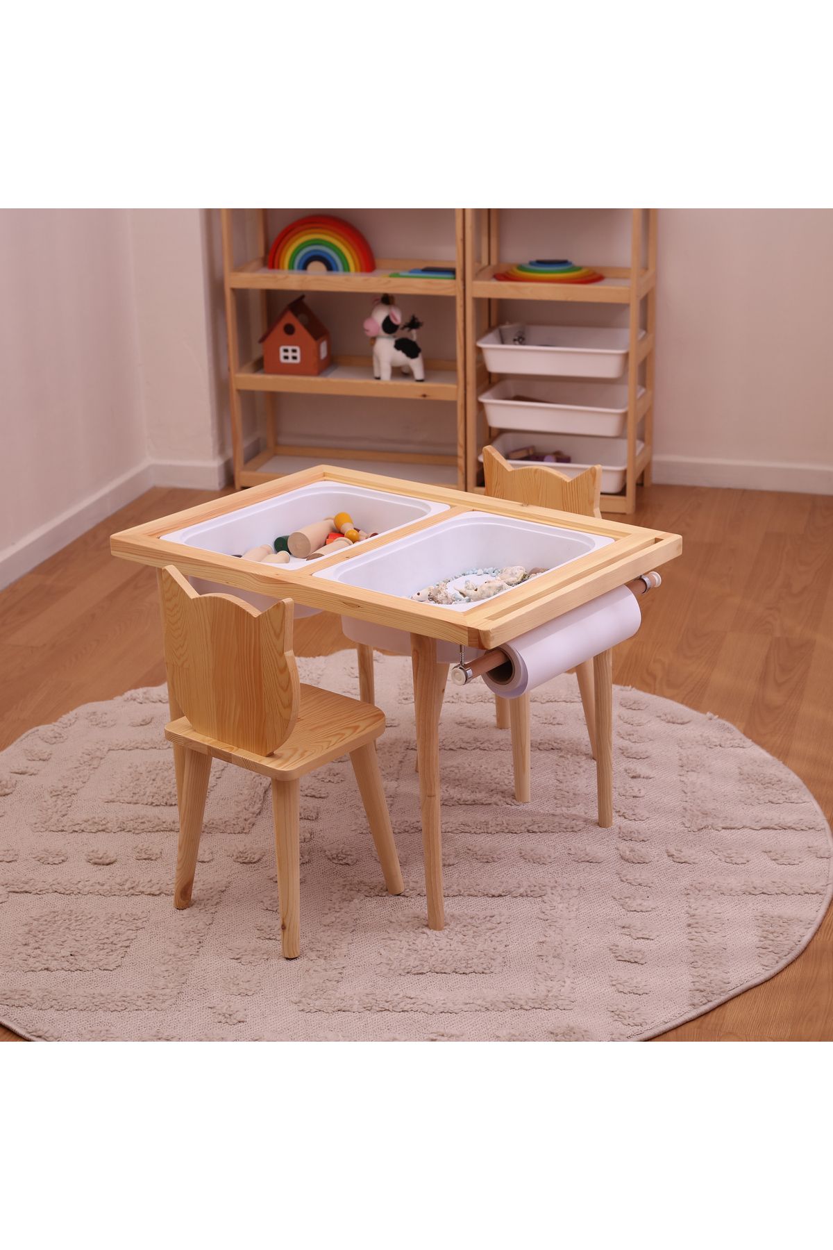 Monti Mania Montessori Çam Çocuk Aktivite Masası 2 Sepet Beyaz/kara Tahtalı Rulo Kişiselleştirilebilir 2-6 Yaş