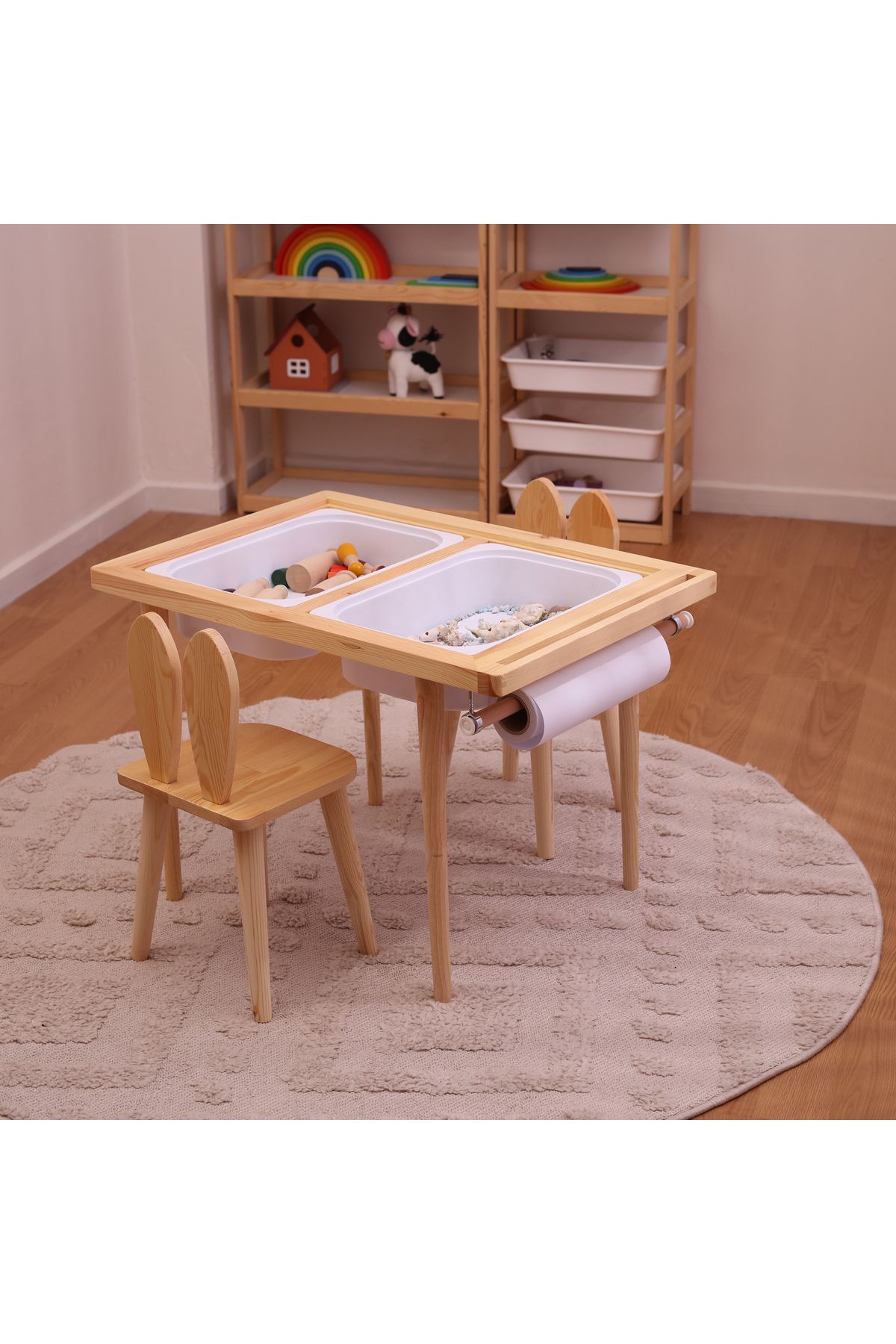 Monti Mania Montessori Çam Çocuk Aktivite Masası 2 Sepet Beyaz/kara Tahtalı Rulo Kişiselleştirilebilir 2-6 Yaş