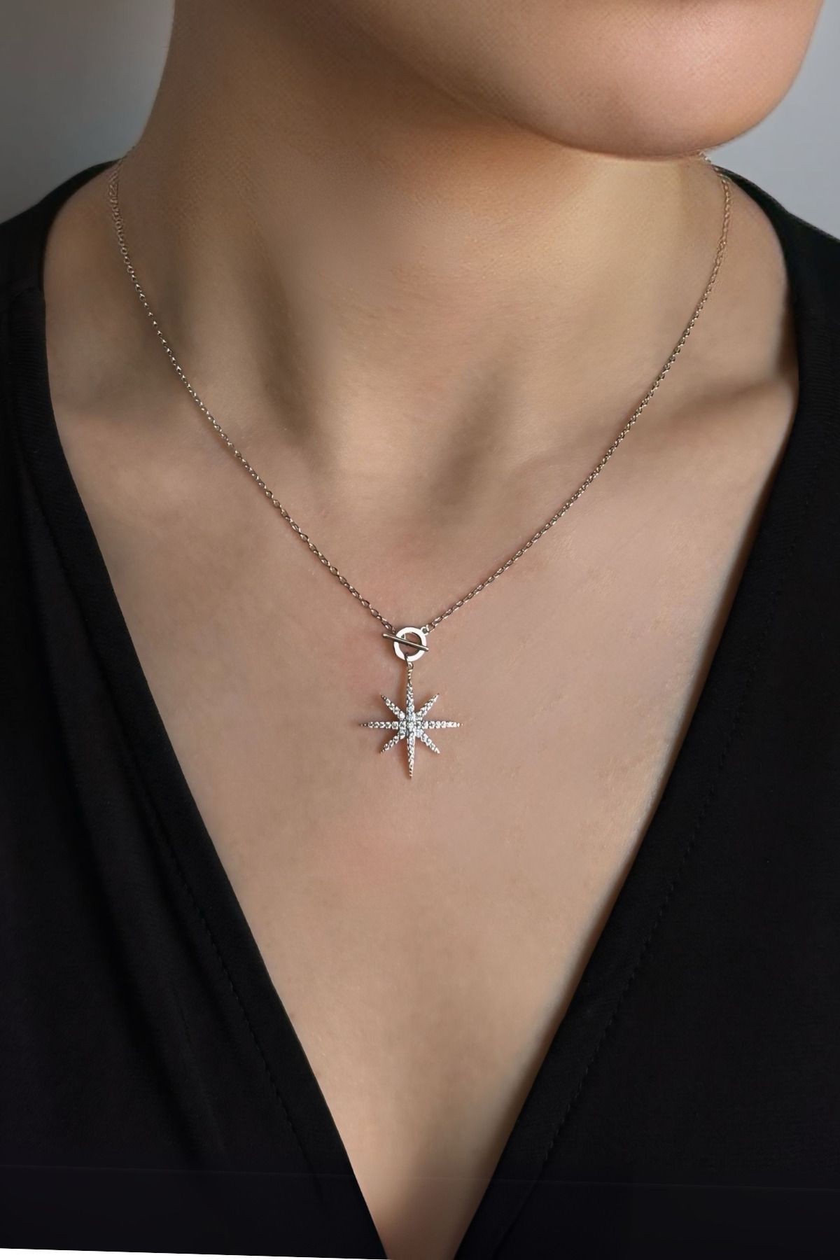 Butik Kuzey Yıldızı 18 Ayar Beyaz Altın Kaplama 45 Cm Gümüş Kolye