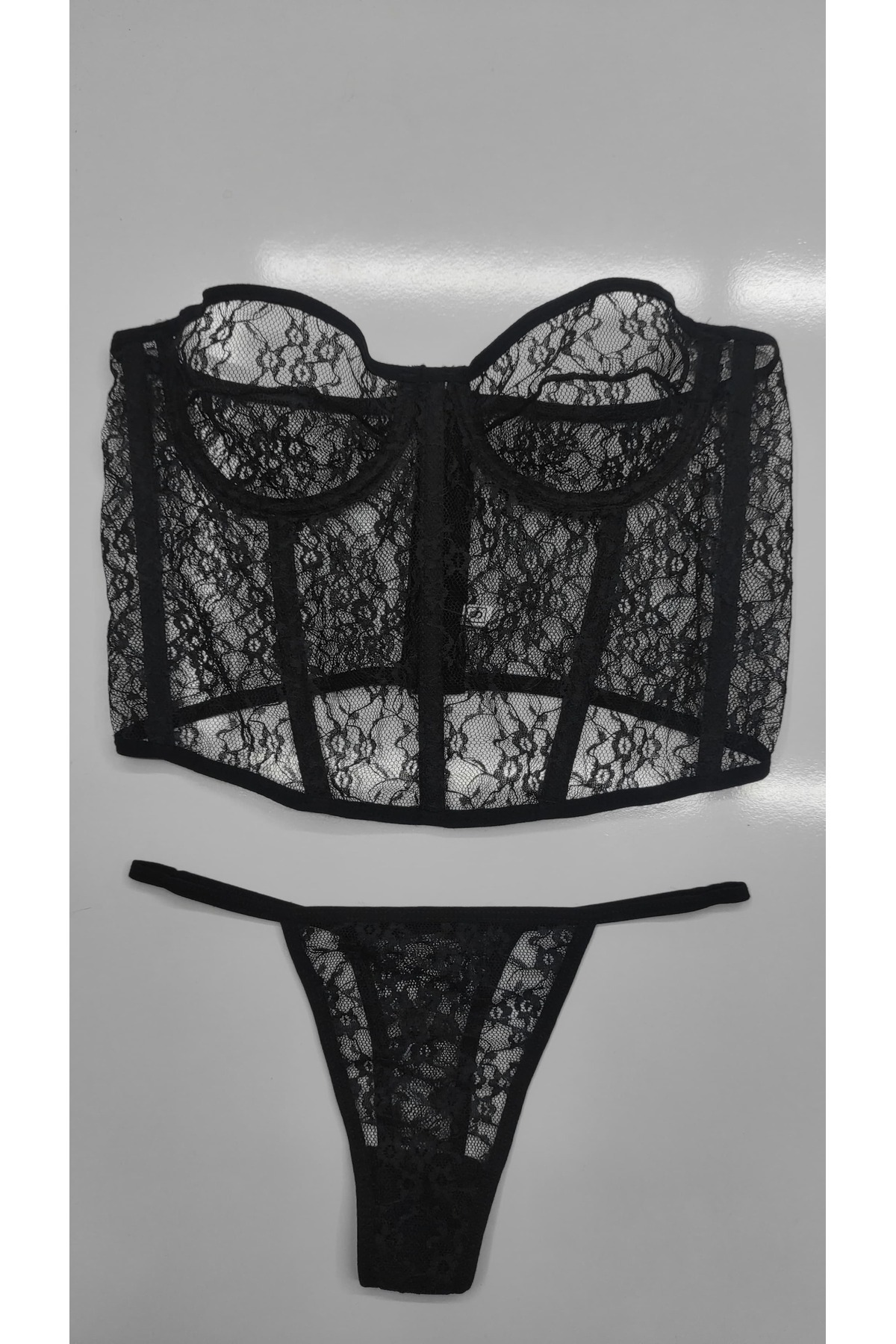 RUYAZ-Stylish Black Lace Embroidered Strapless Corset Thong Suit Women's Lingerie 2