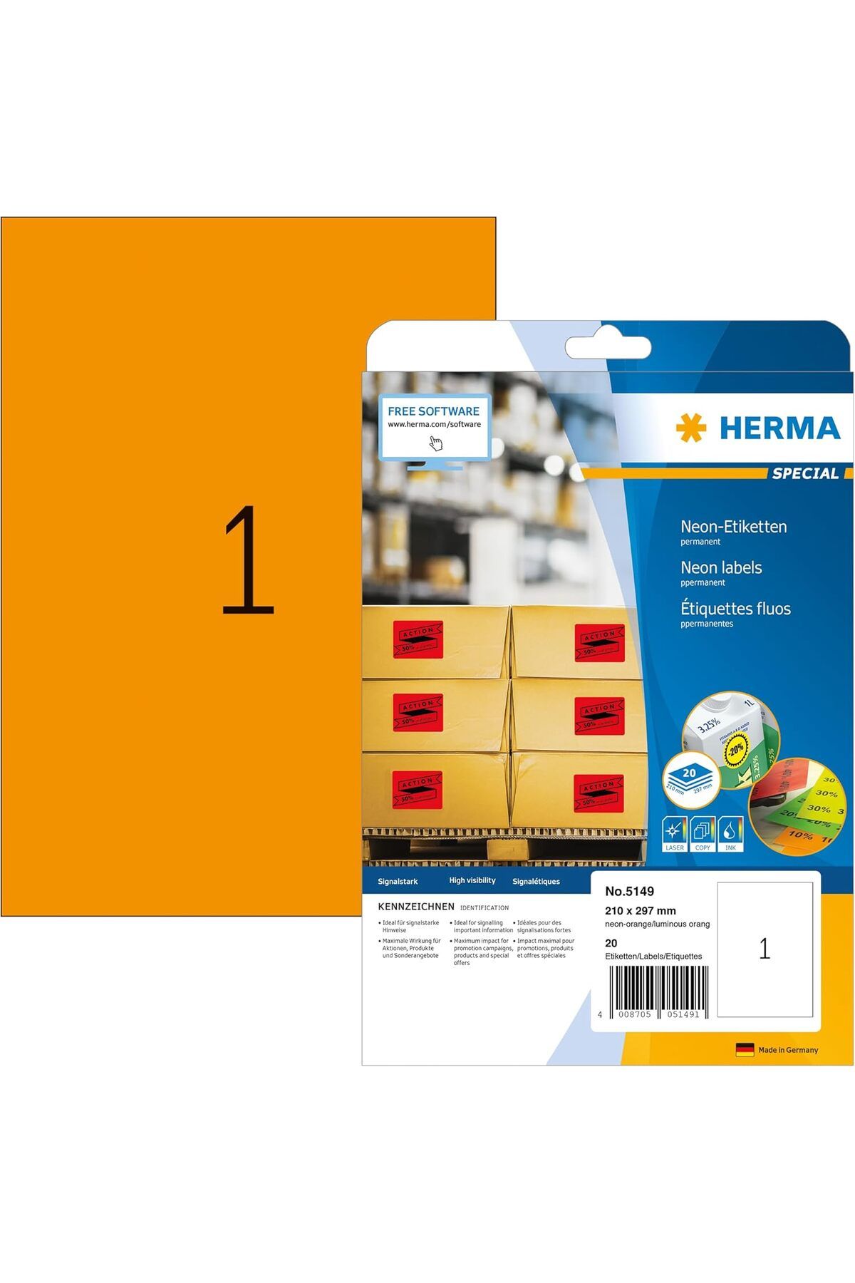 STOREMAX 5149 Renkli Etiketler Neon Turuncu, 20 Yaprak, 210 x 297 mm, 1 Adet A4 Yaprak, 20 Adet, Kendinden Y