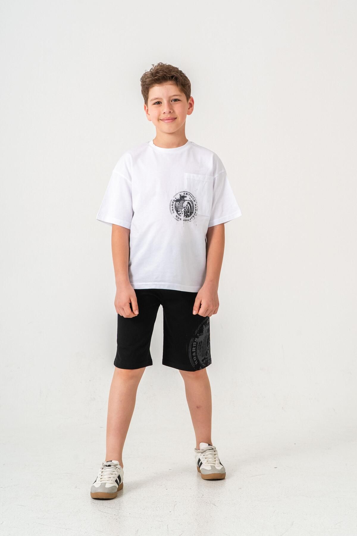 Mışıl Kids Top Buzunar Top Buzunar Imprimat Spate Imprimat Pantaloni Scurți Pentru Băieți - Set De Tricou Masculin - 8–9 years