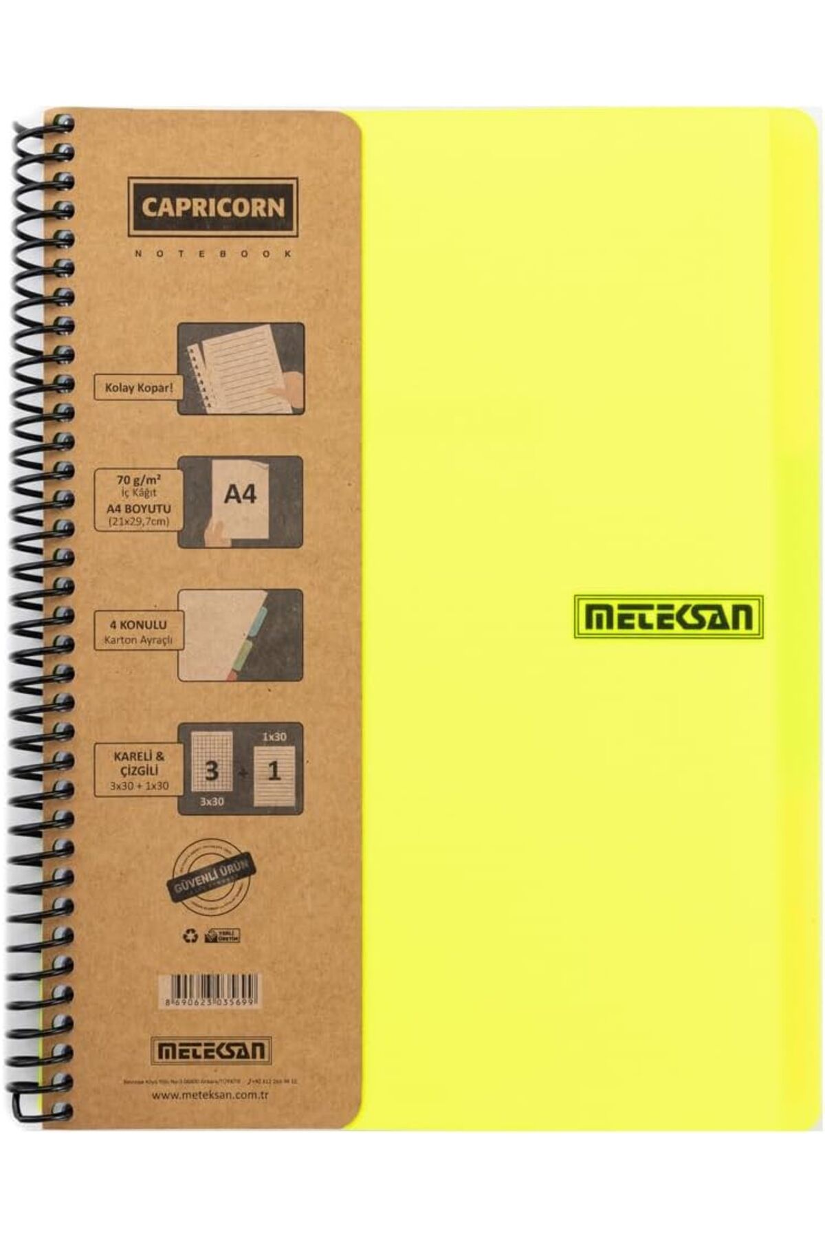 STOREMAX SRT Capricorn Neon Serisi, A4, 7 Konulu (5 Kareli, 2 Çizgili) 210 Yaprak PP Kapaklı Spiralli Defte