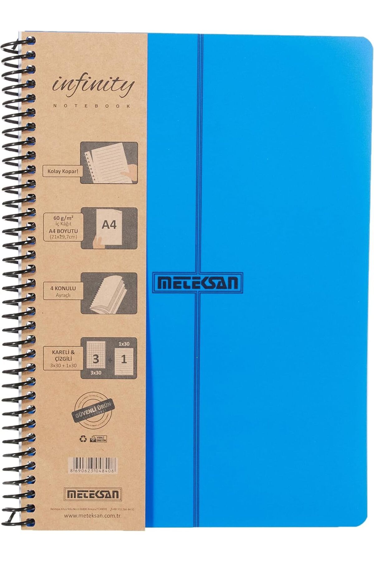 STOREMAX ELZ Infinity Primary Serisi, A4, 4 Konulu (3 Kareli, 1 Çizgili) 120 Yaprak PP Kapaklı Spiralli Def