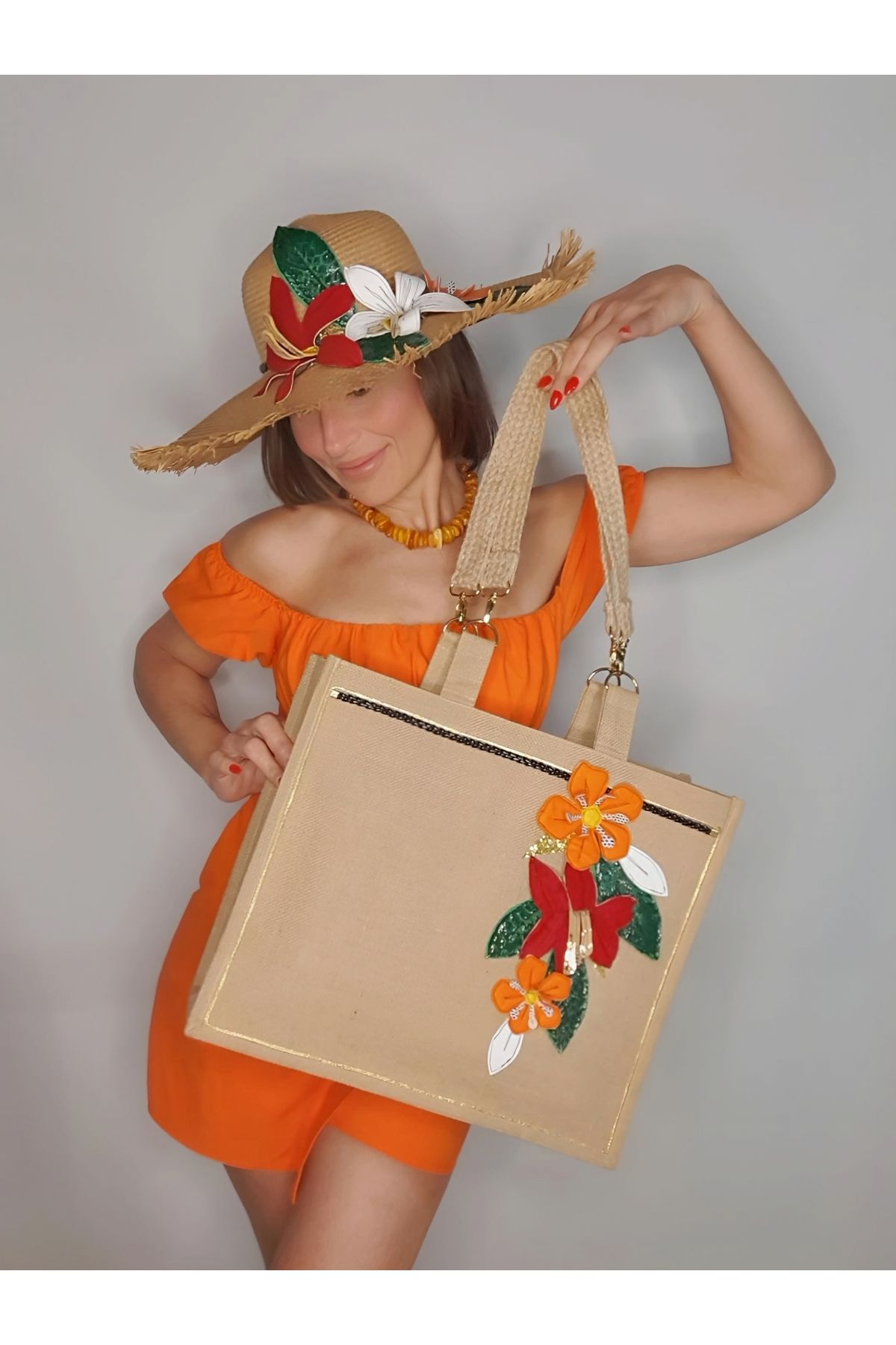 Senbeno Design EL YAPIMI BÜYÜK ÇİÇEK DETAYLI ÖZGÜN TASARIM JÜT PLAJ ÇANTASI TOTE BAG