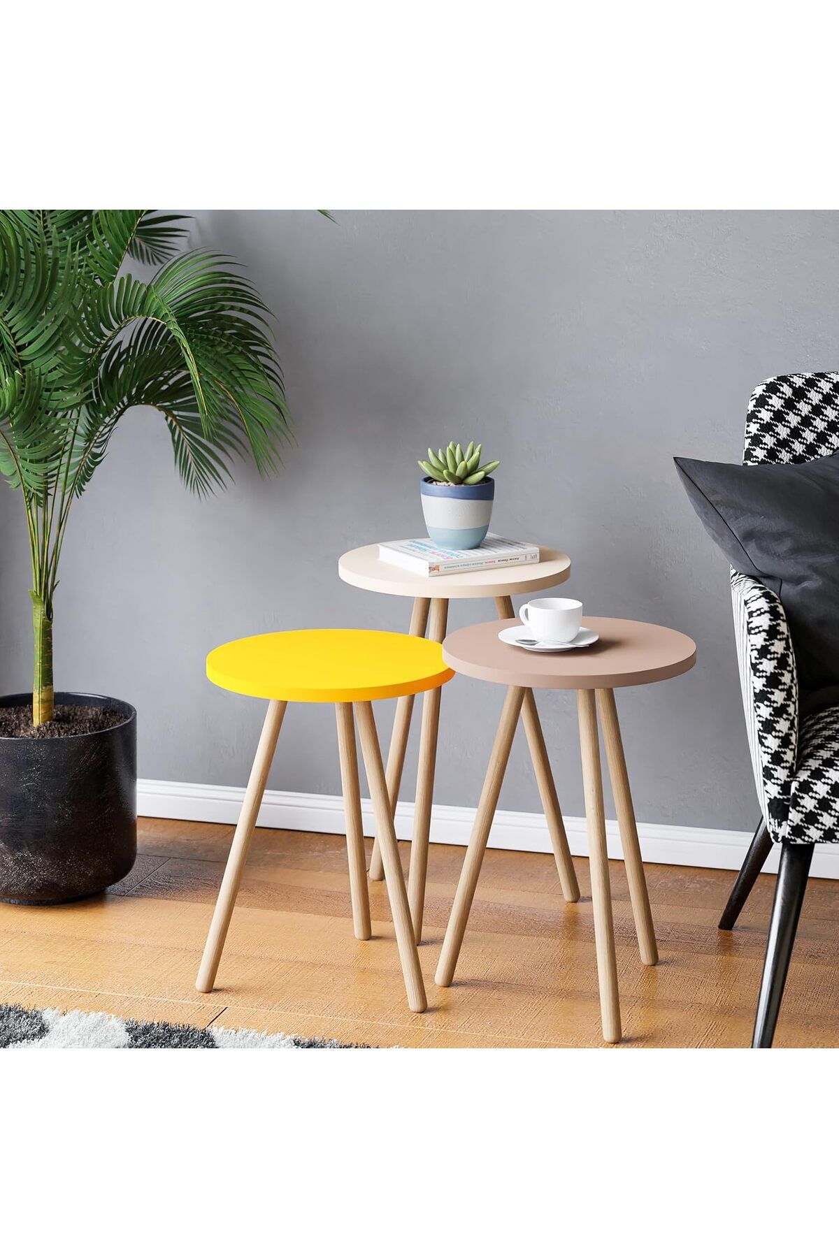 STOREMAX Ezg Üçlü Zigon Sehpa Ahşap Ayaklı Yuvarlak Pastel Tasarım (Sarı,Krem,Cappuccino) Ezsnshop 106