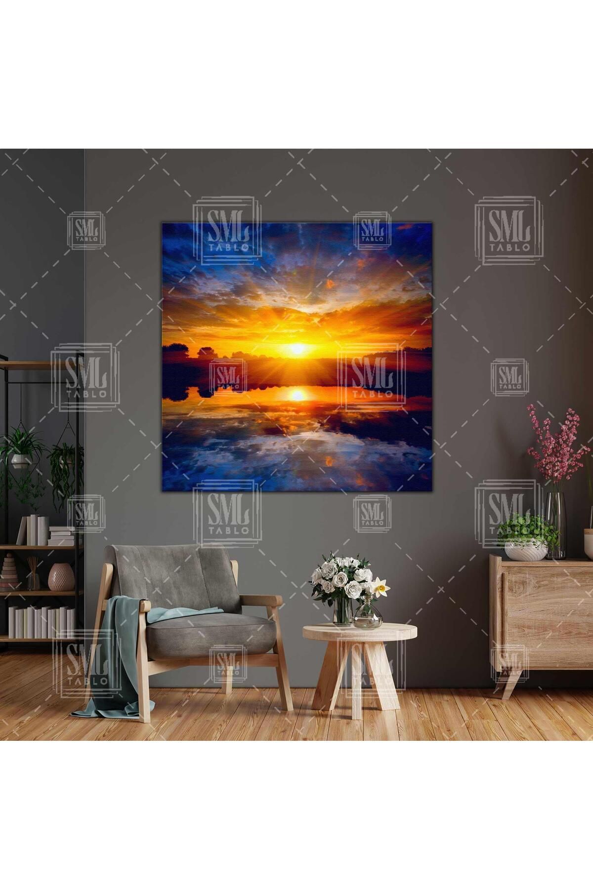 SML TABLO-Sunset Seaside Sun Reflection Clouds Τοπίο Τετράγωνο Πίνακας Καμβά 1
