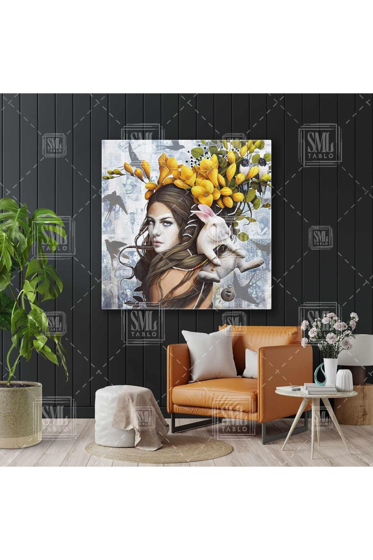 SML TABLO-Alice Square Canvas Print cu iepure cu flori galbene în păr 1