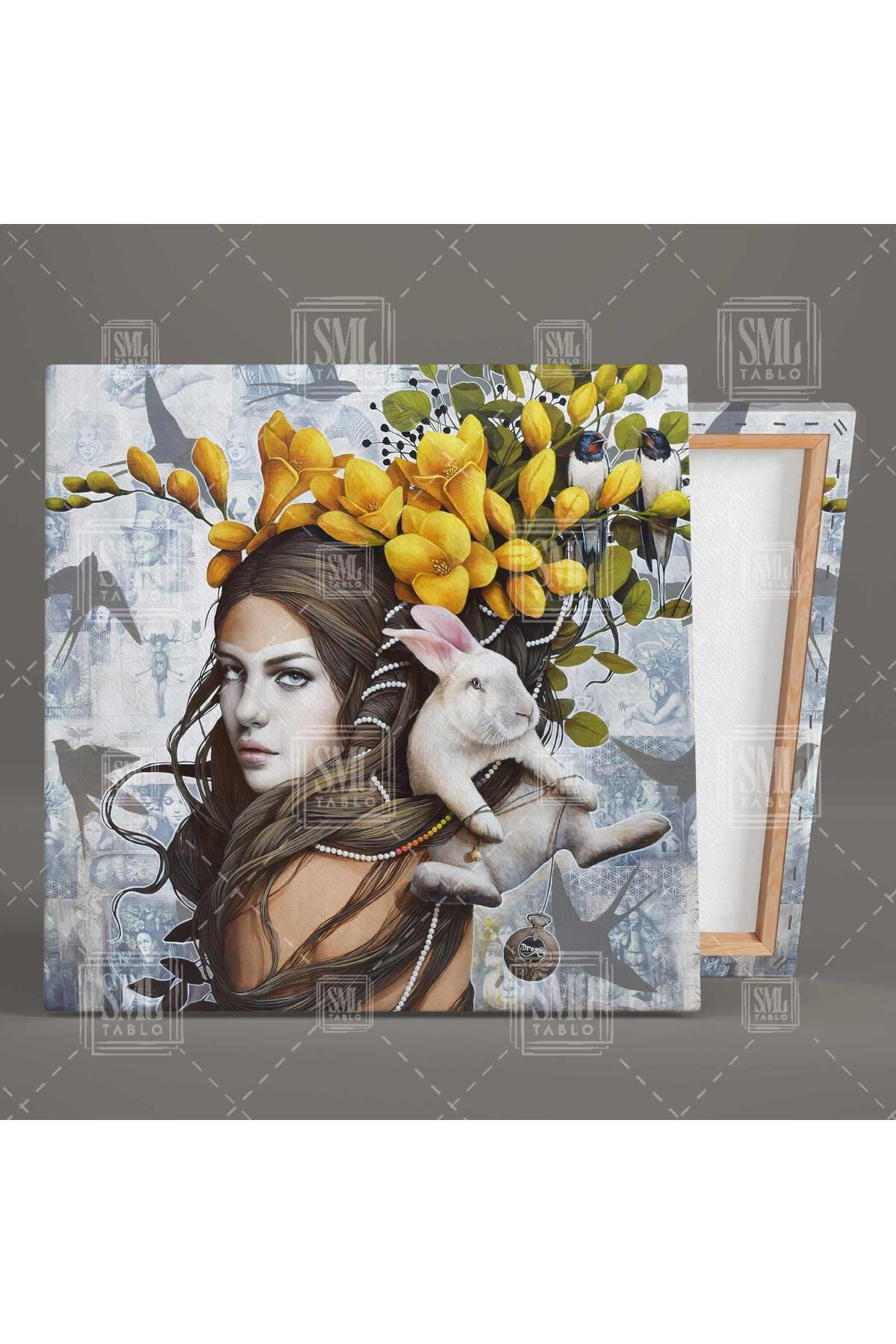 SML TABLO-Alice Square Canvas Print cu iepure cu flori galbene în păr 2