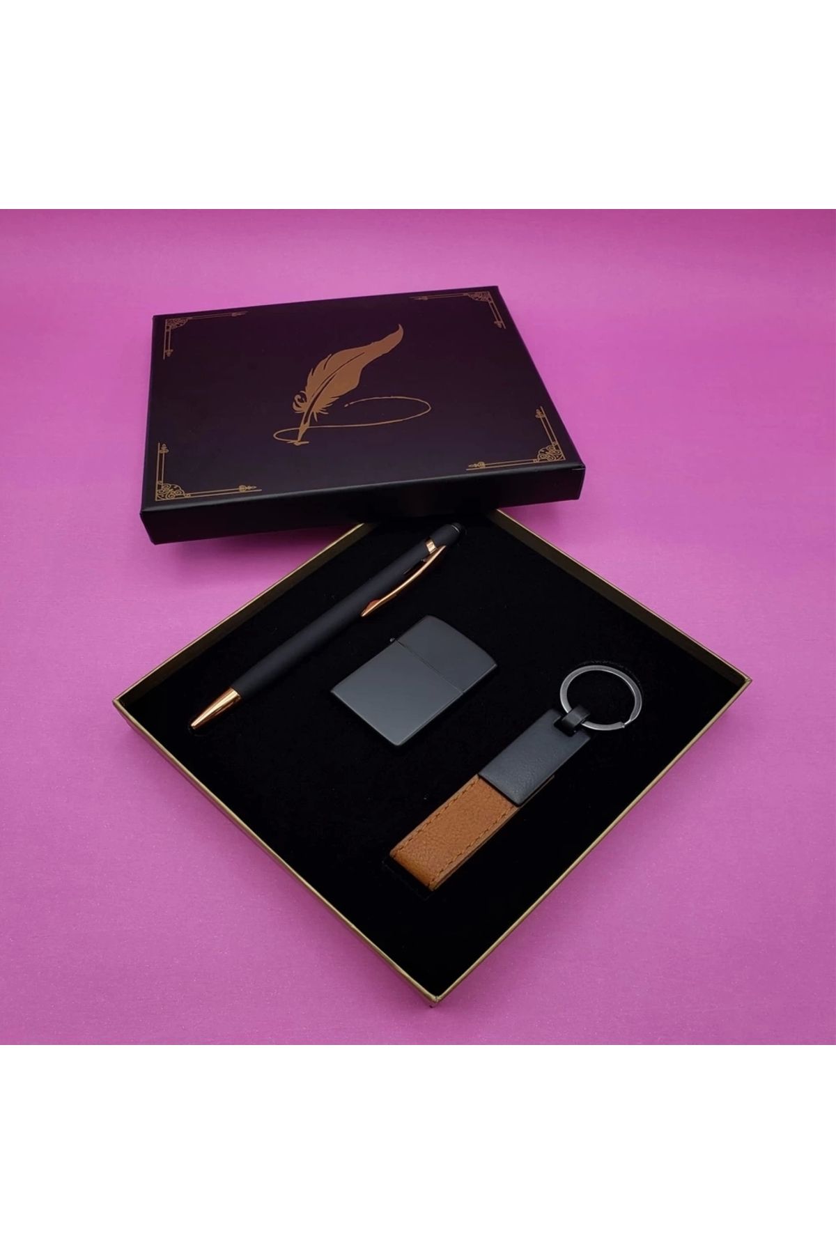 YNT İthalat Siyah Rubber Kalem Çakmak Ve Anahtarlık Set