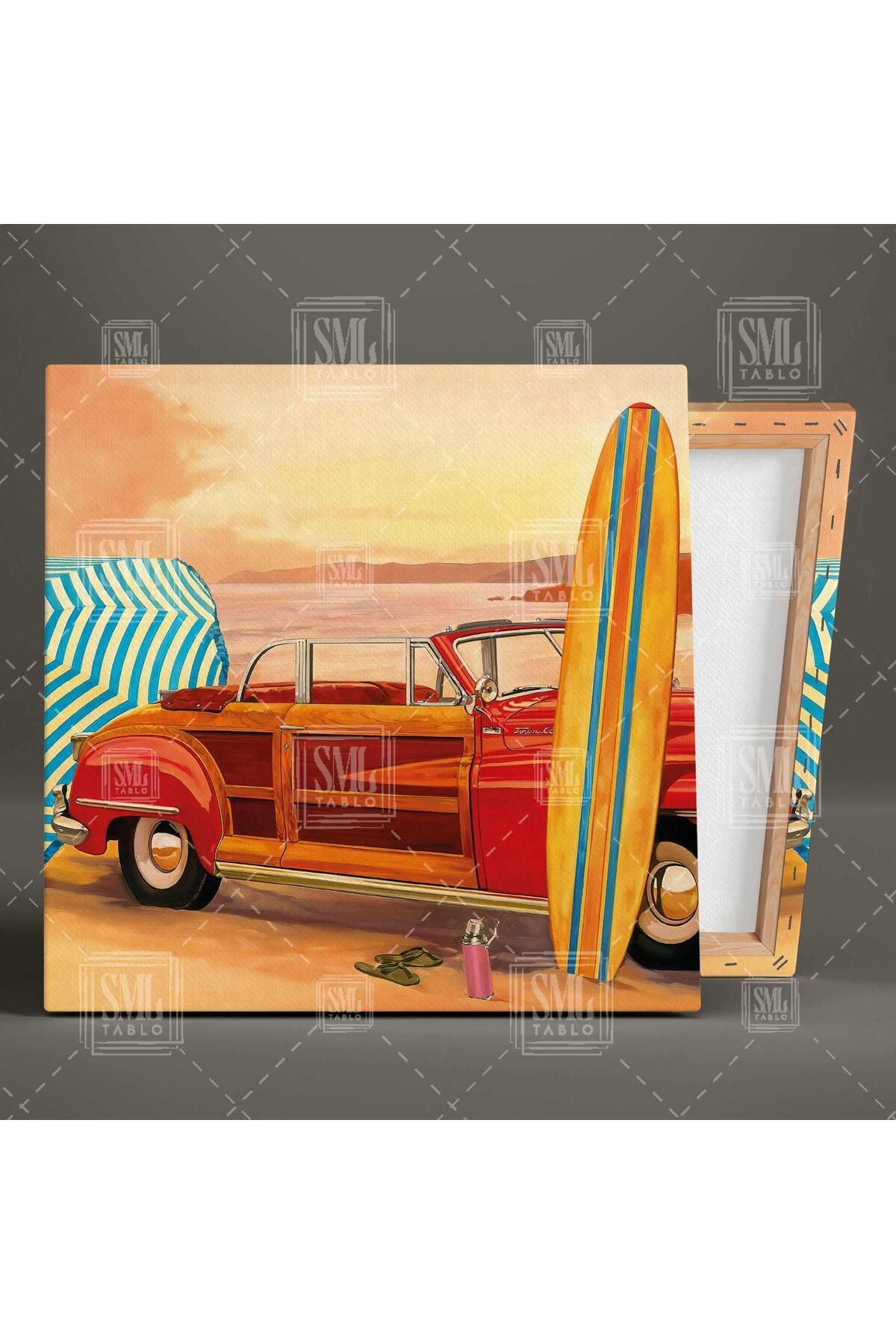 SML TABLO-Seaside Sandy Beach Red Classic Car Surfboard Square Canvas Print 2