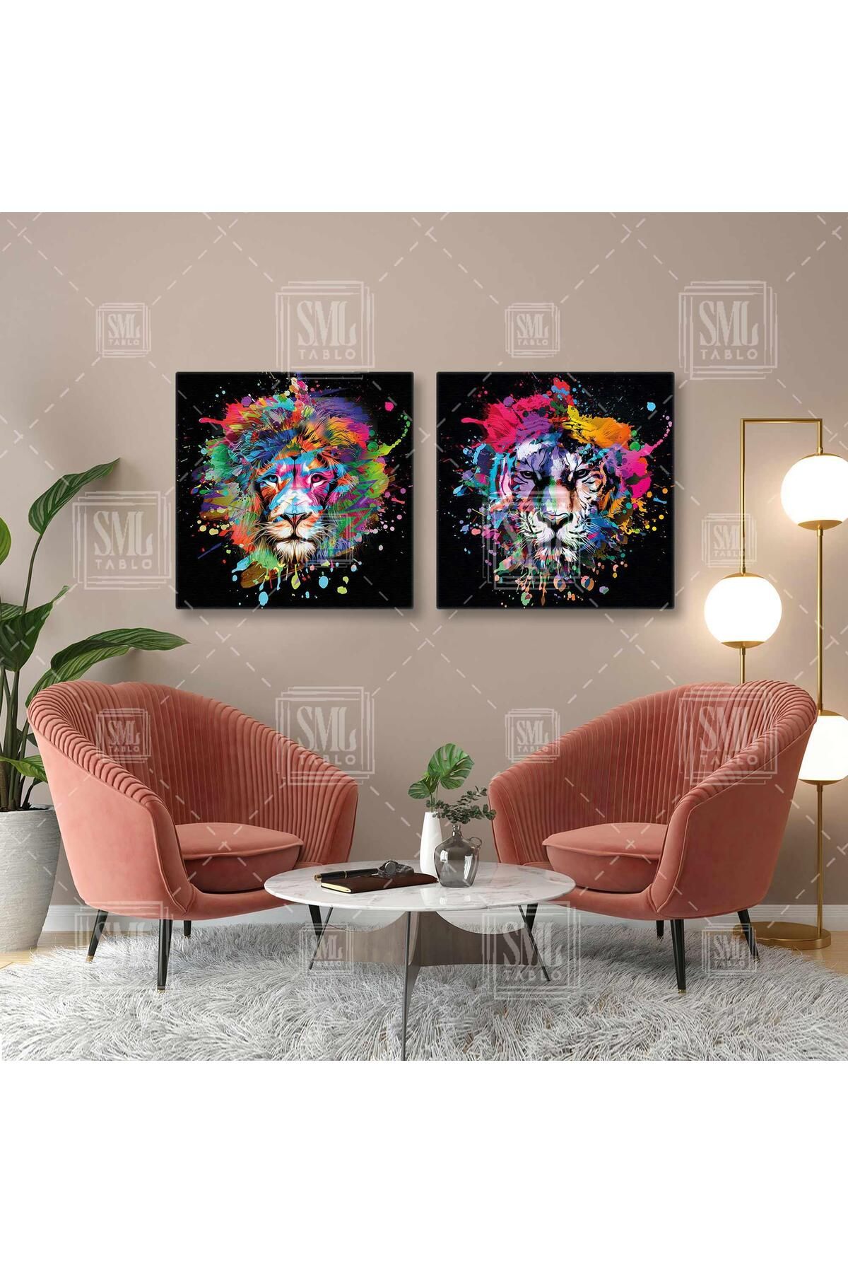 SML TABLO-Lion and Tiger Double Square Combination of Paint Splashes Set of 2 Canvas Painting 1