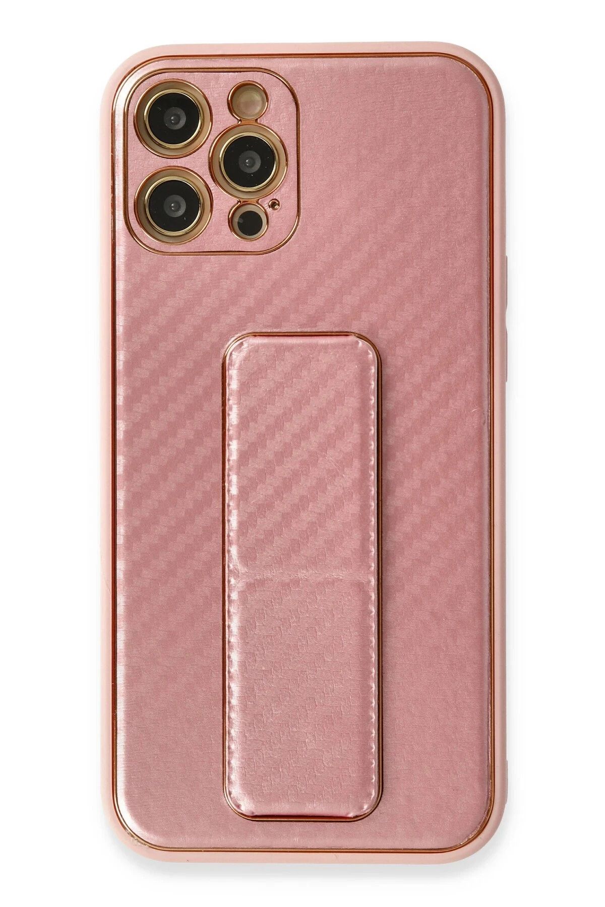 NewFace iPhone 12 Pro Max Kılıf Coco Karbon Standlı Kapak - Pembe JOJUA