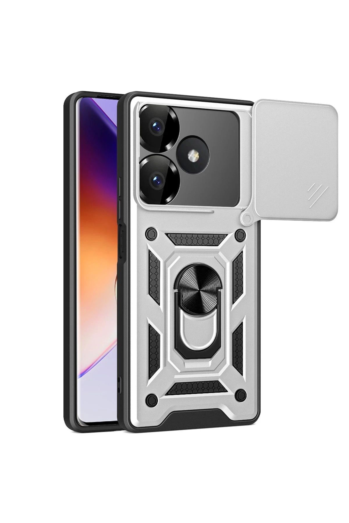 NewFace Xiaomi Redmi 13 4G Kılıf Pars Lens Yüzüklü Silikon - Gümüş BSTMY