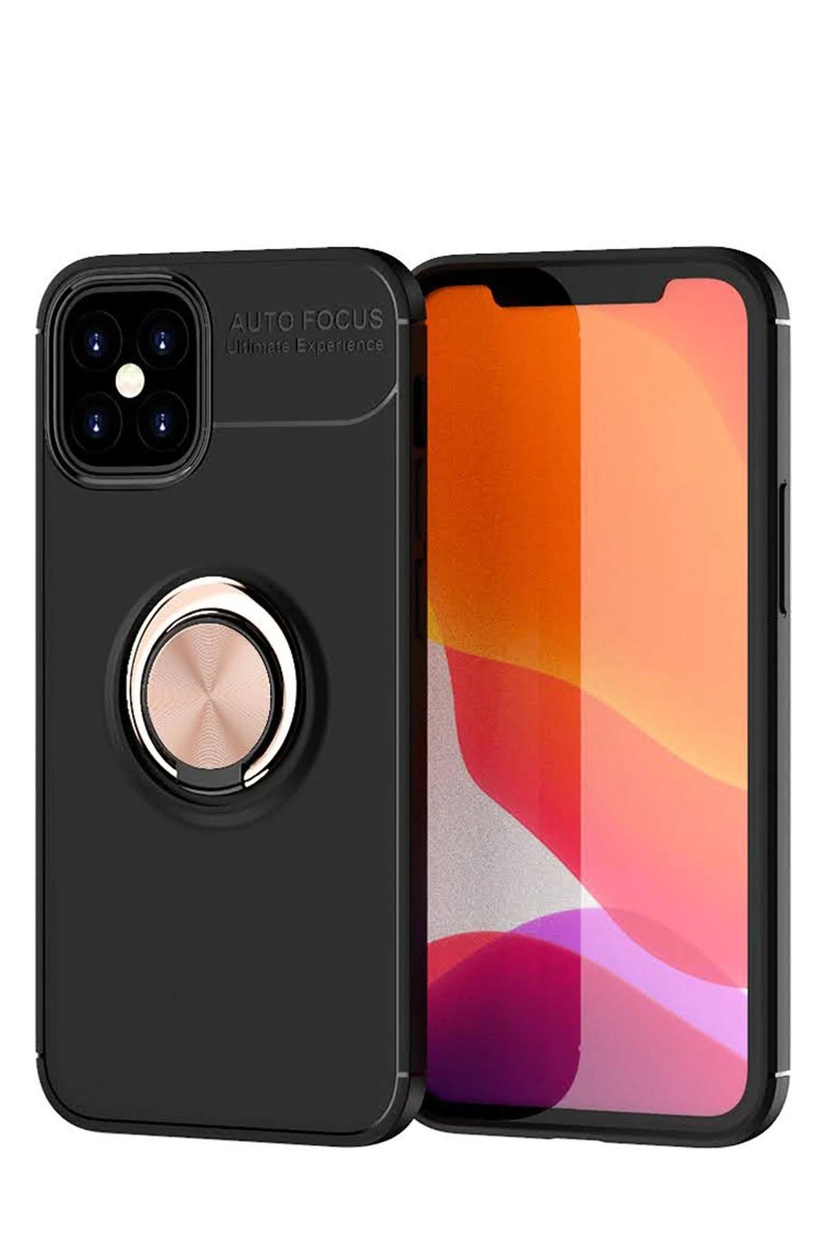 NewFace iPhone 12 Mini Kılıf Range Yüzüklü Silikon - Siyah-Gold YNSMR