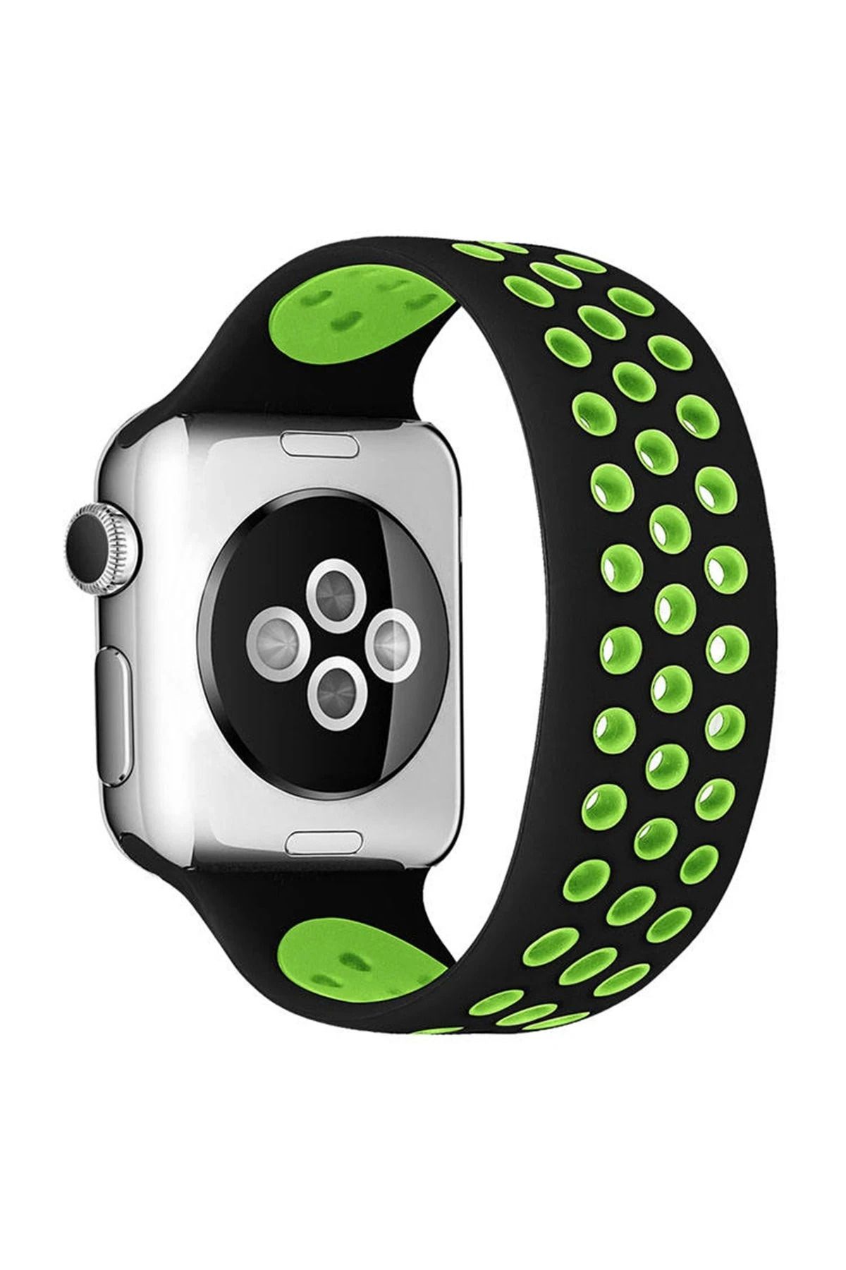 NewFace Apple Watch 38mm Ayarlı Delikli Silikon Kordon - Siyah-Yeşil INSLM