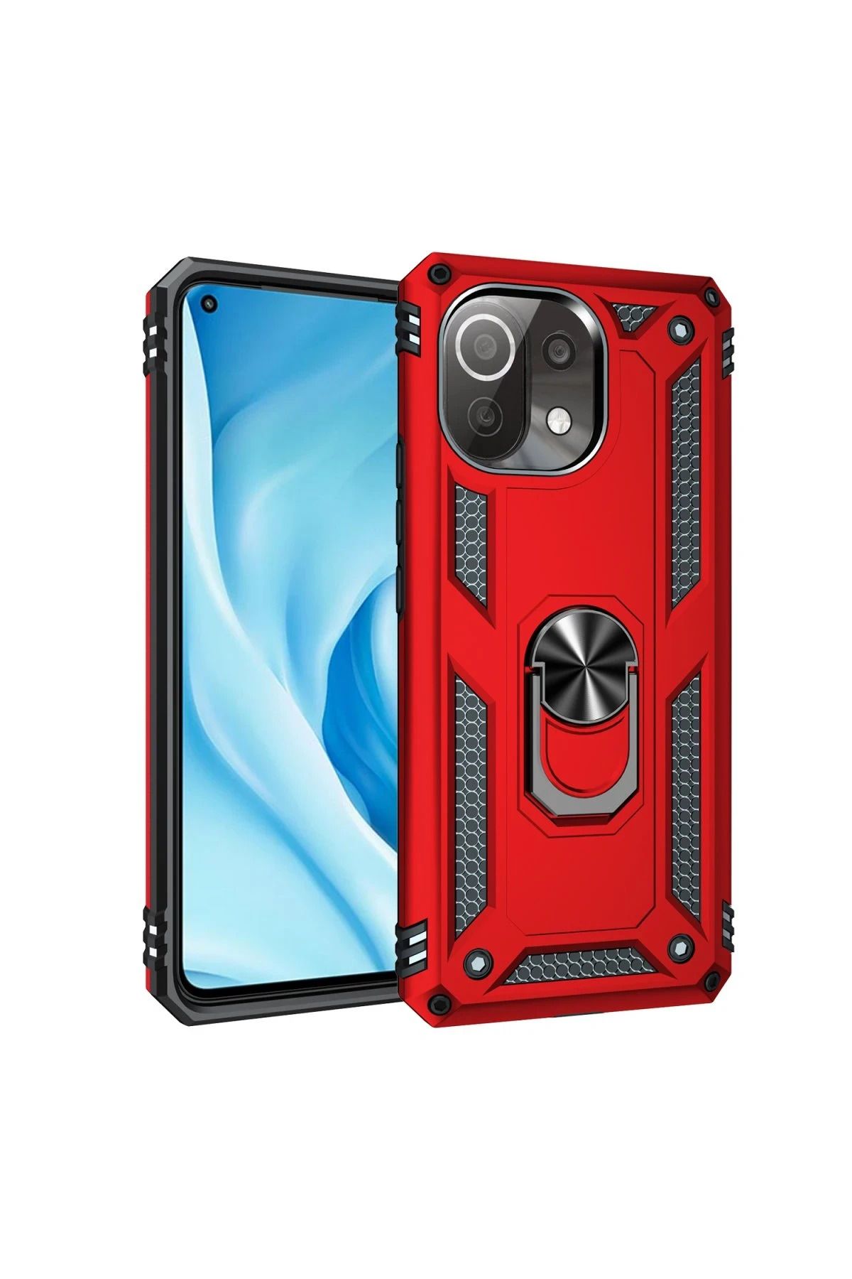 NewFace Xiaomi Mİ 11 Lite Kılıf Sofya Yüzüklü Silikon Kapak - Kırmızı FERRG