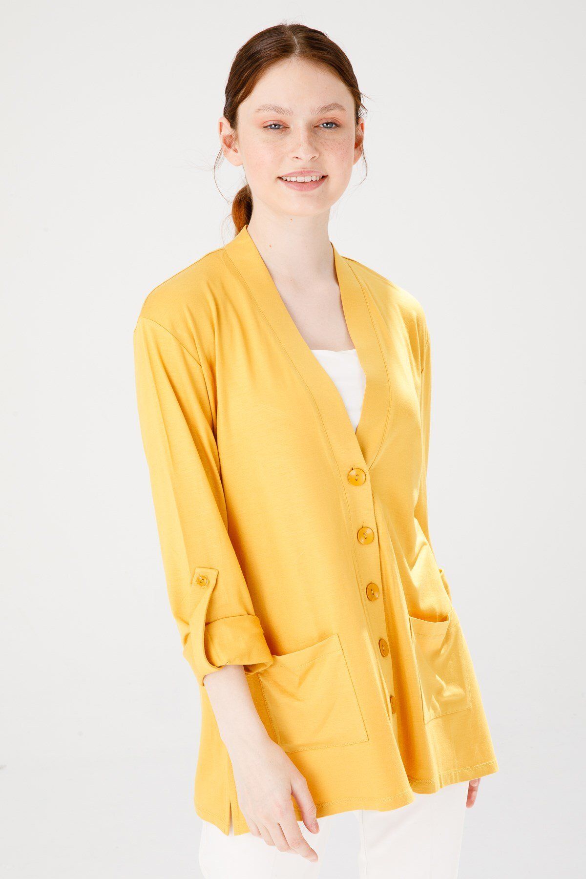 Desen Triko-Women's V-Neck Long Sleeve Pocket Buttoned Combed Cotton Jacket Mustard 2