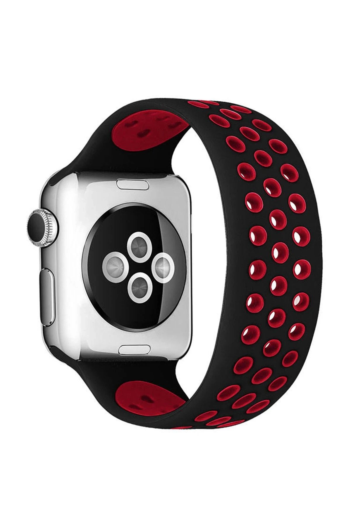 NewFace Apple Watch 42mm Ayarlı Delikli Silikon Kordon - Siyah-Kırmızı YNSMR