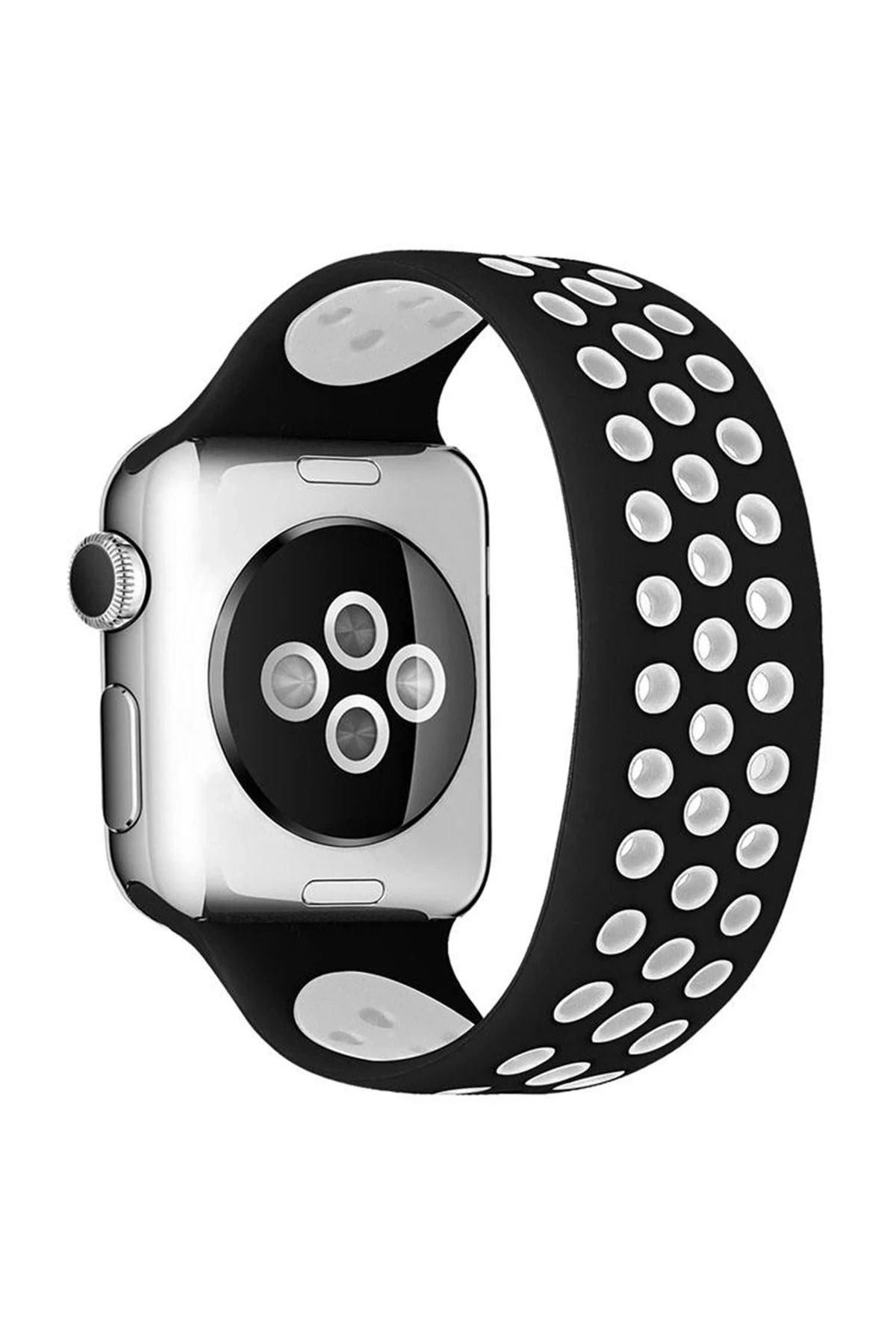 NewFace Apple Watch 42mm Ayarlı Delikli Silikon Kordon - Siyah-Beyaz JOJUA