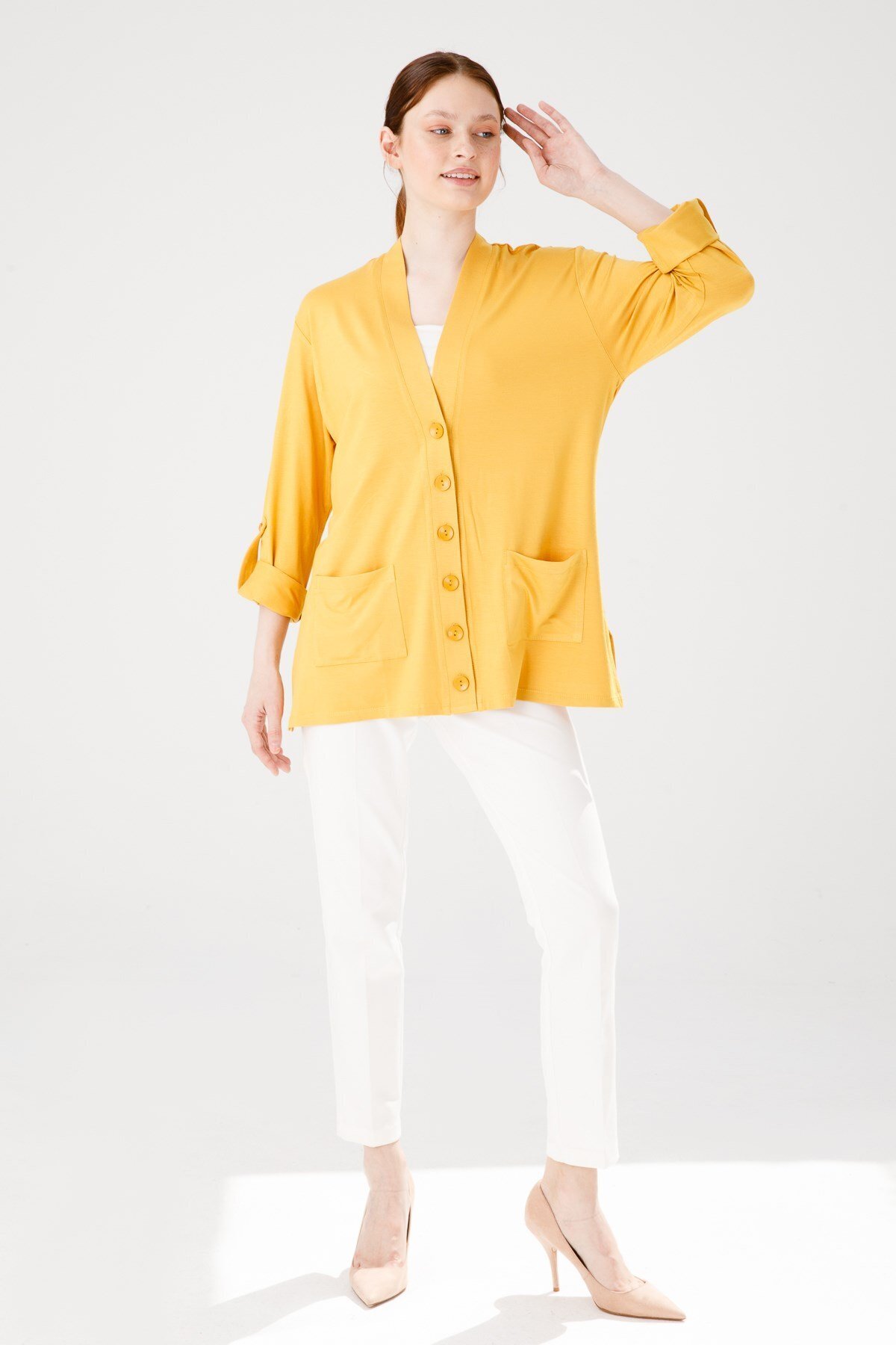 Desen Triko-Women's V-Neck Long Sleeve Pocket Buttoned Combed Cotton Jacket Mustard 5