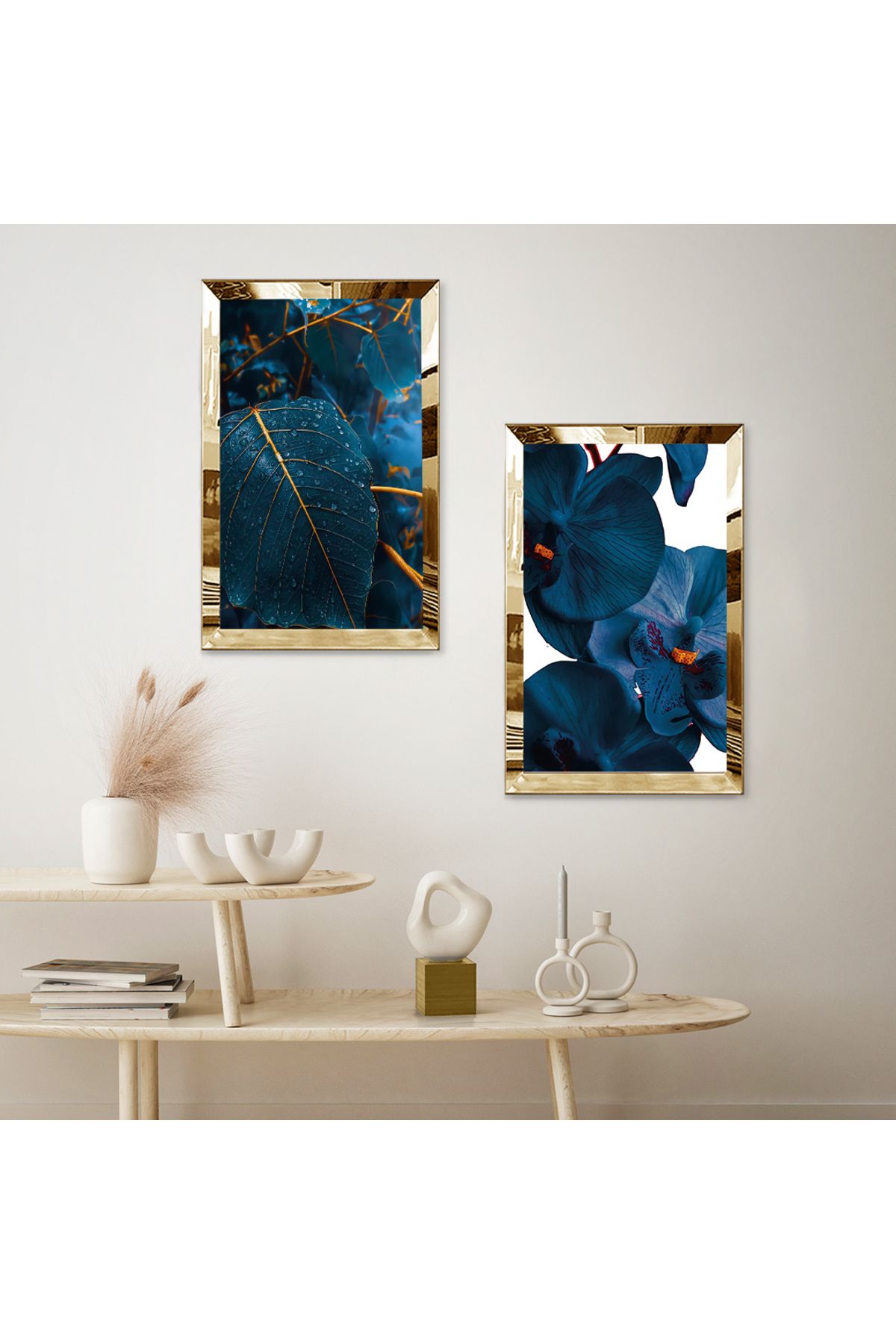 Zevahir Mobilya Dekorasyon-Gold Mirrored Plexi Frame with White Background Blue Abstract Leaves Double Mdf Table Set 2